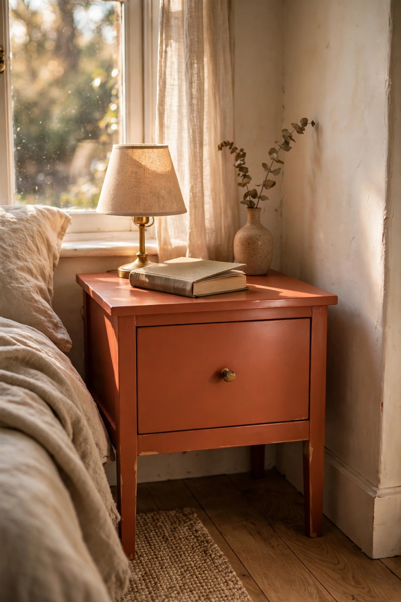 Wooden nightstand painted terracotta with a small lamp on top
