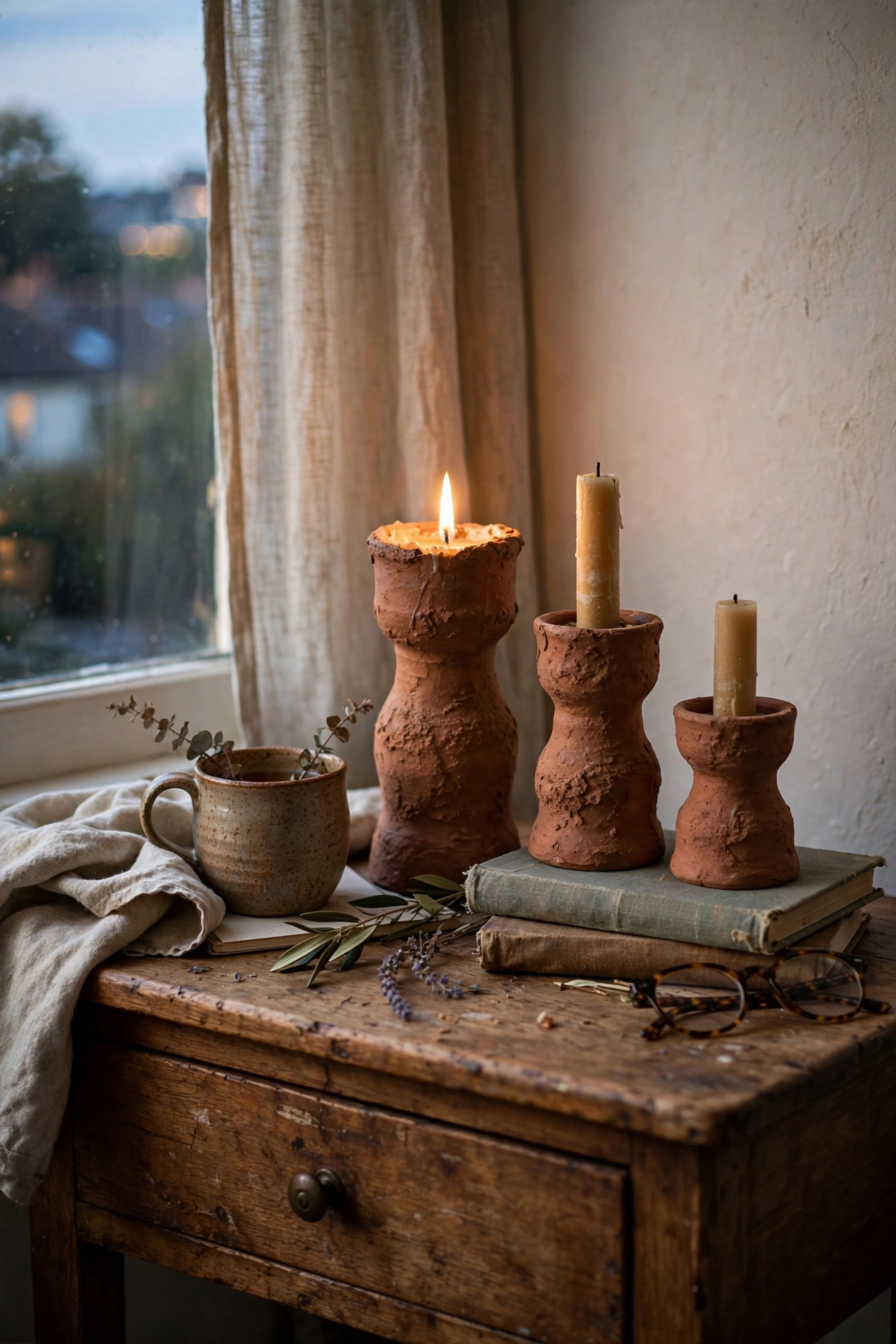 Three terracotta candle holders in different heights on a bedroom nightstand