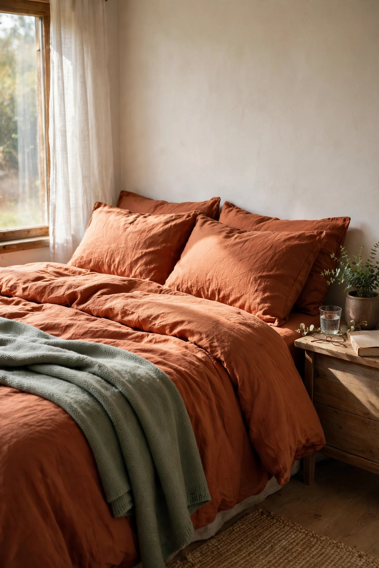 Bed with terracotta bedding and a sage green throw blanket folded across it