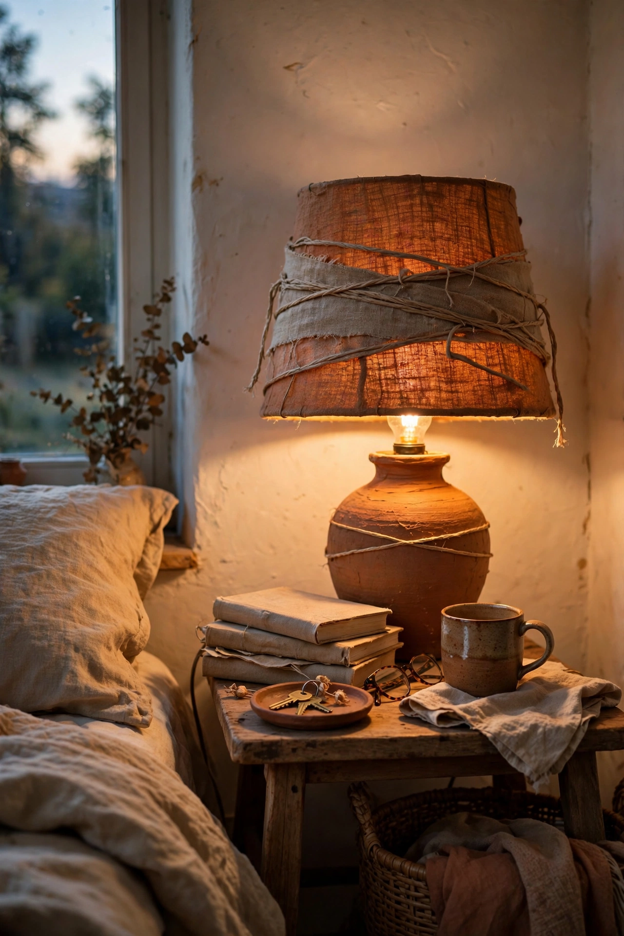 Table lamp with a hand-wrapped terracotta linen lampshade glowing warmly