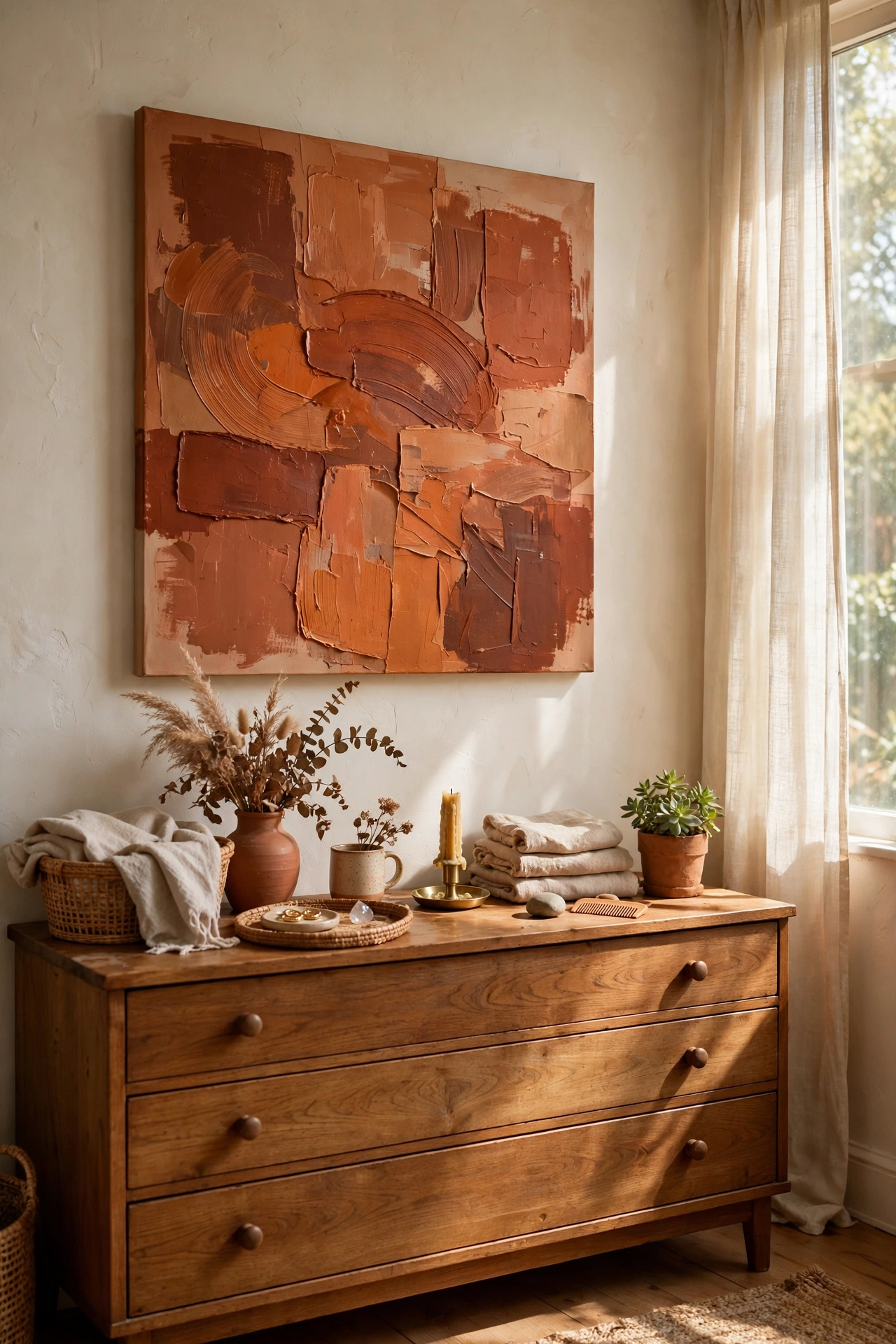 DIY terracotta abstract canvas painting hanging above a bedroom dresser