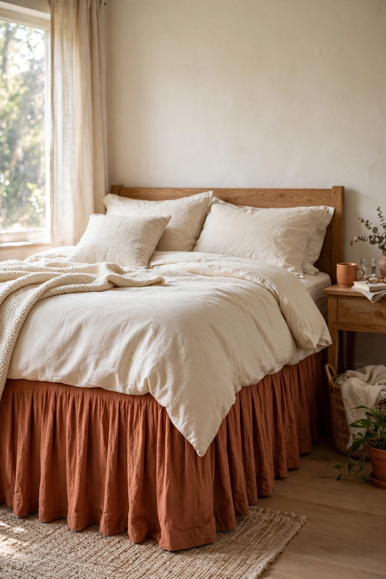 Bed with a pleated terracotta bed skirt hiding storage underneath