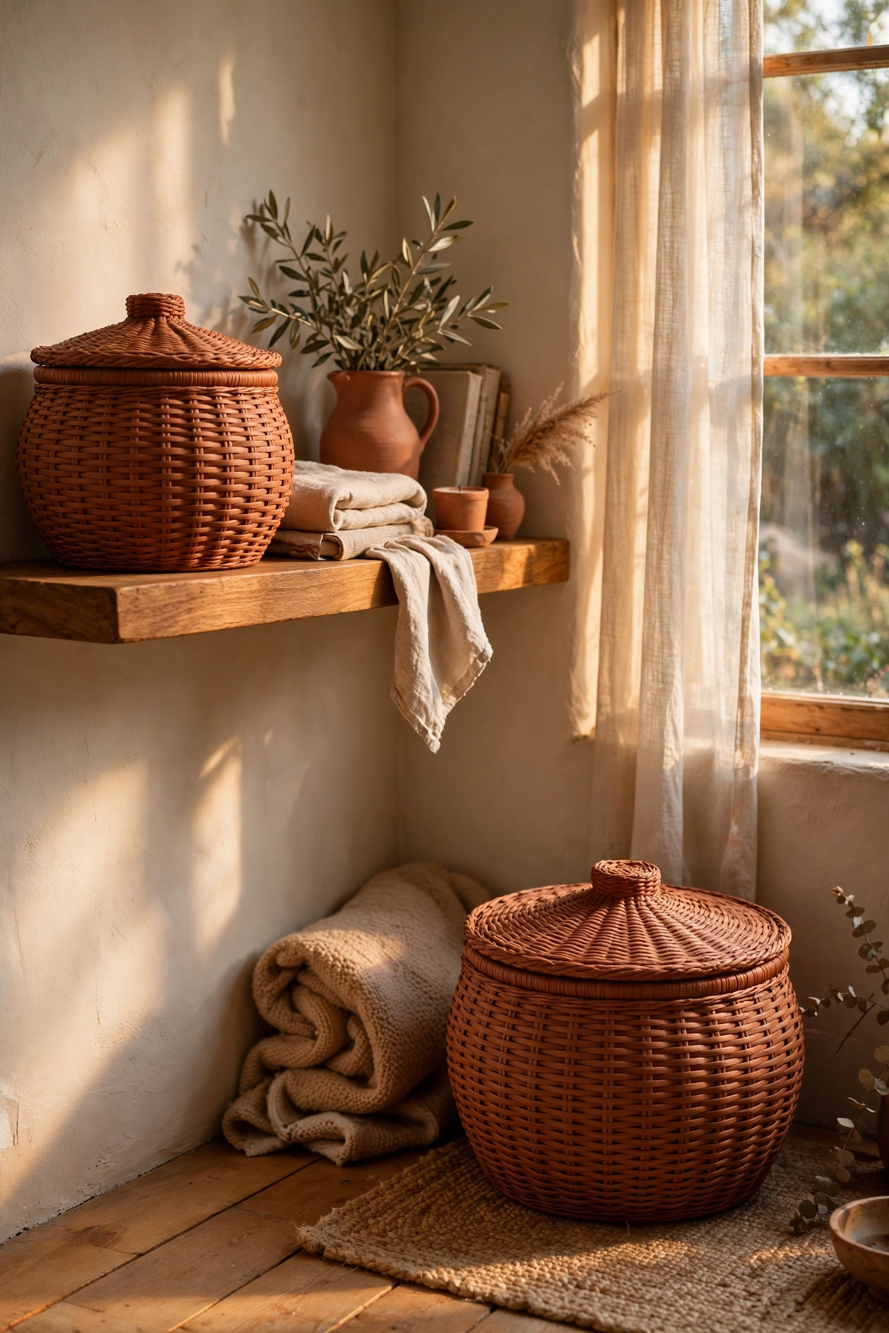 Terracotta woven storage baskets with lids on a bedroom shelf