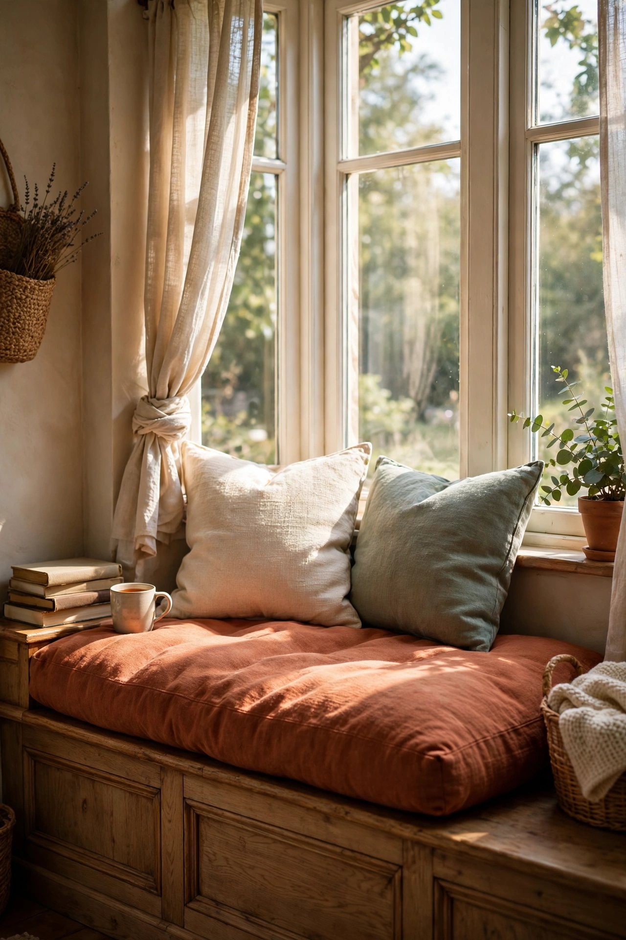 Terracotta cushion on a bedroom window seat with cream and sage pillows