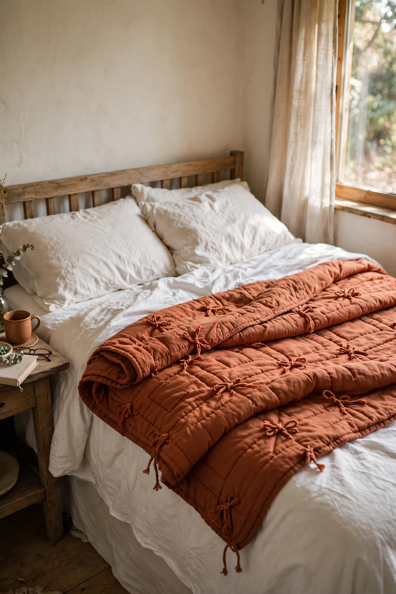 Terracotta quilt with visible hand ties folded over white sheets on a bed