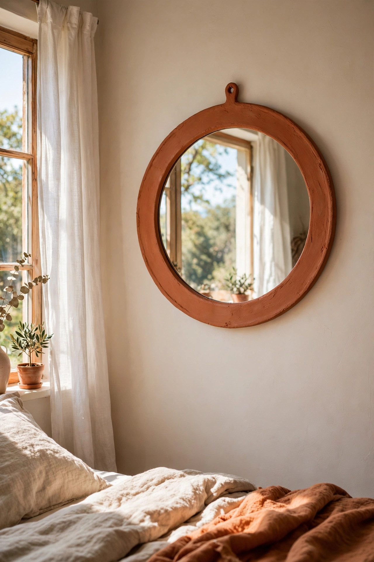 Round mirror with a terracotta painted frame hanging on a bedroom wall