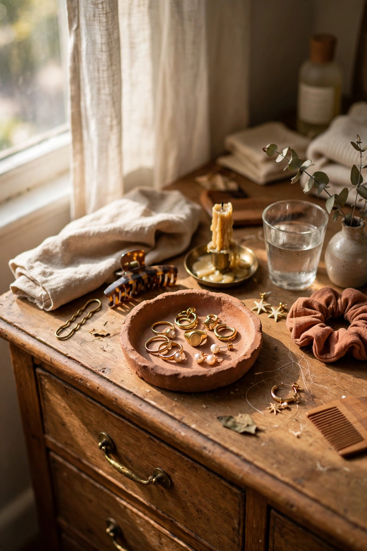 Small handmade terracotta ring dish holding jewellery on a dresser