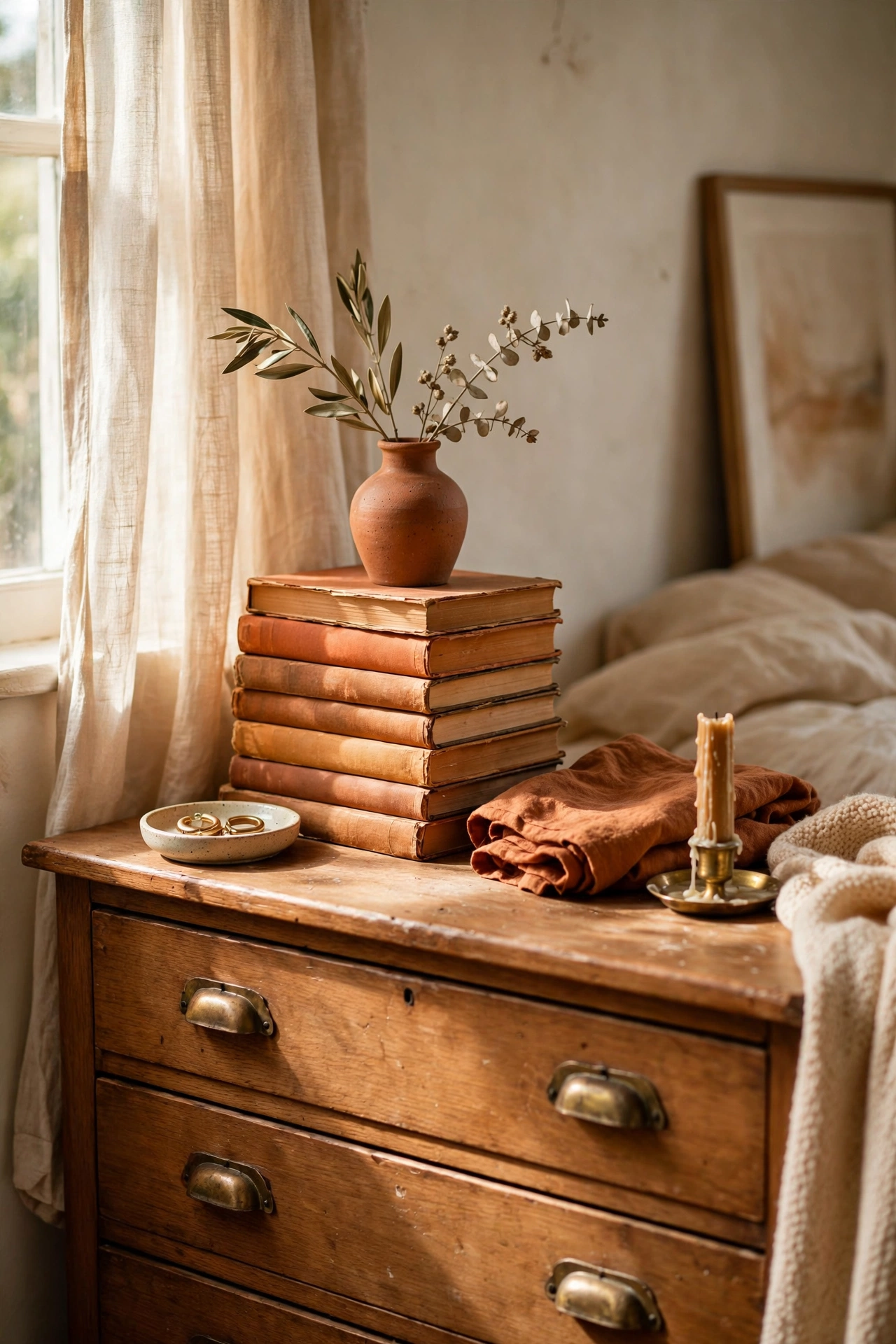 Stack of warm-toned books topped with a small terracotta bud vase