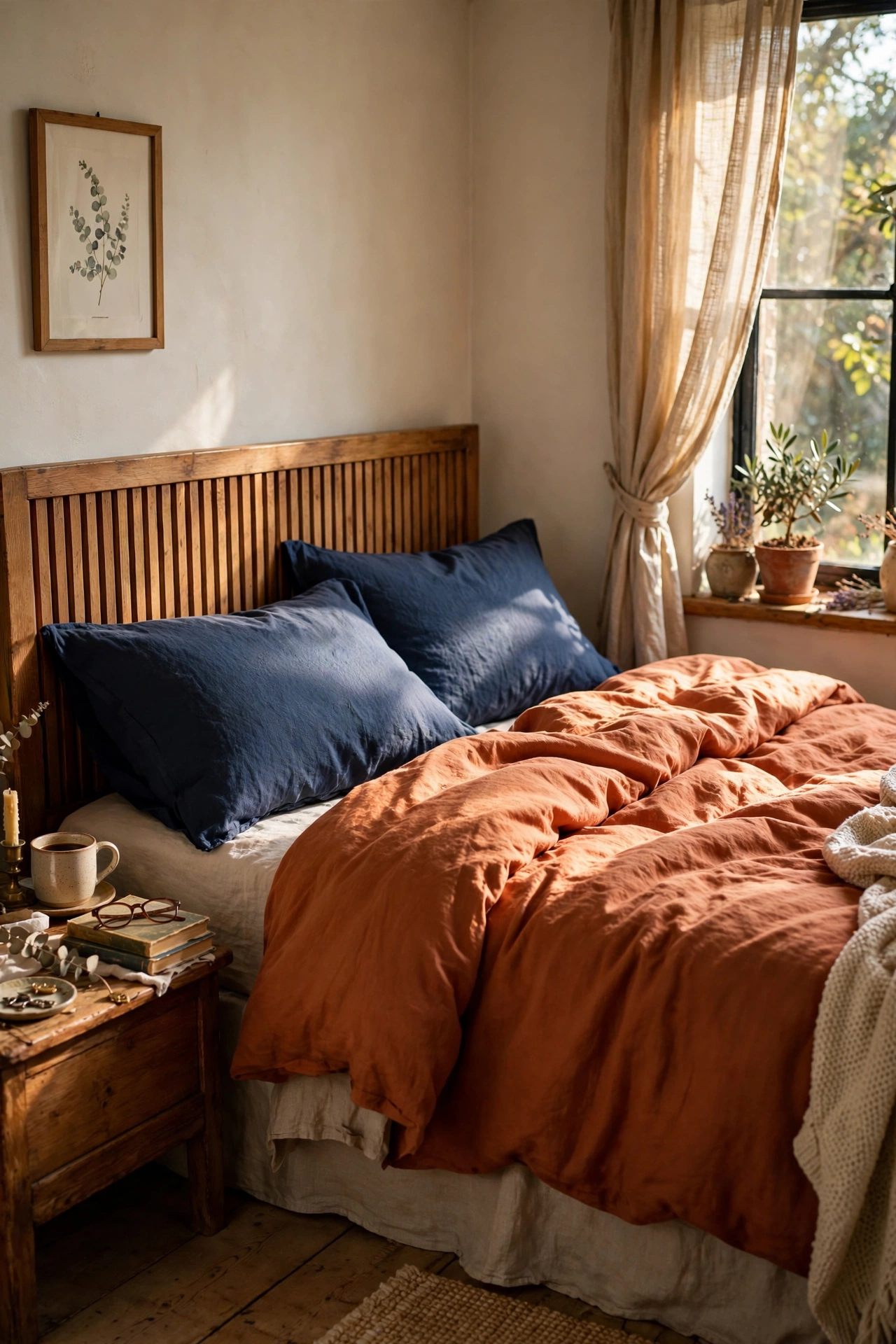 Bed with terracotta duvet and navy blue pillow shams at the head