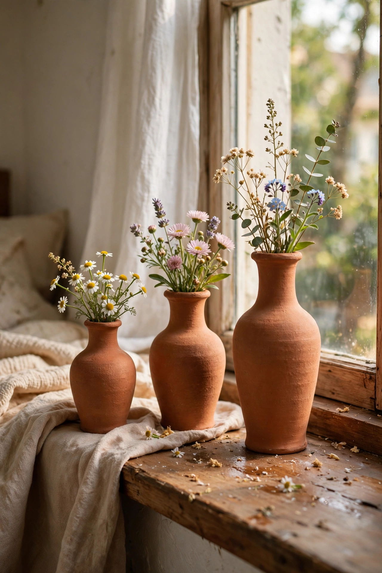 Three terracotta bud vases in different heights with small flowers