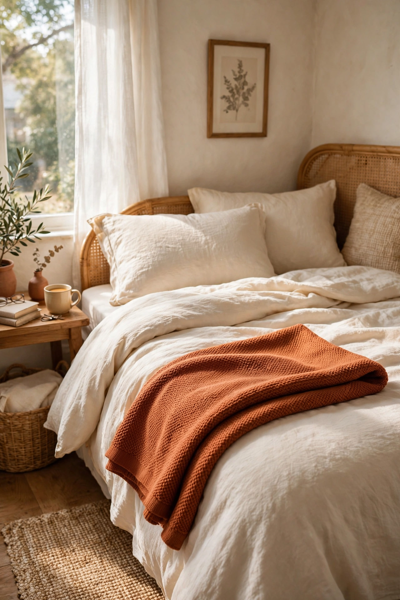Terracotta throw folded in thirds across the foot of a bed