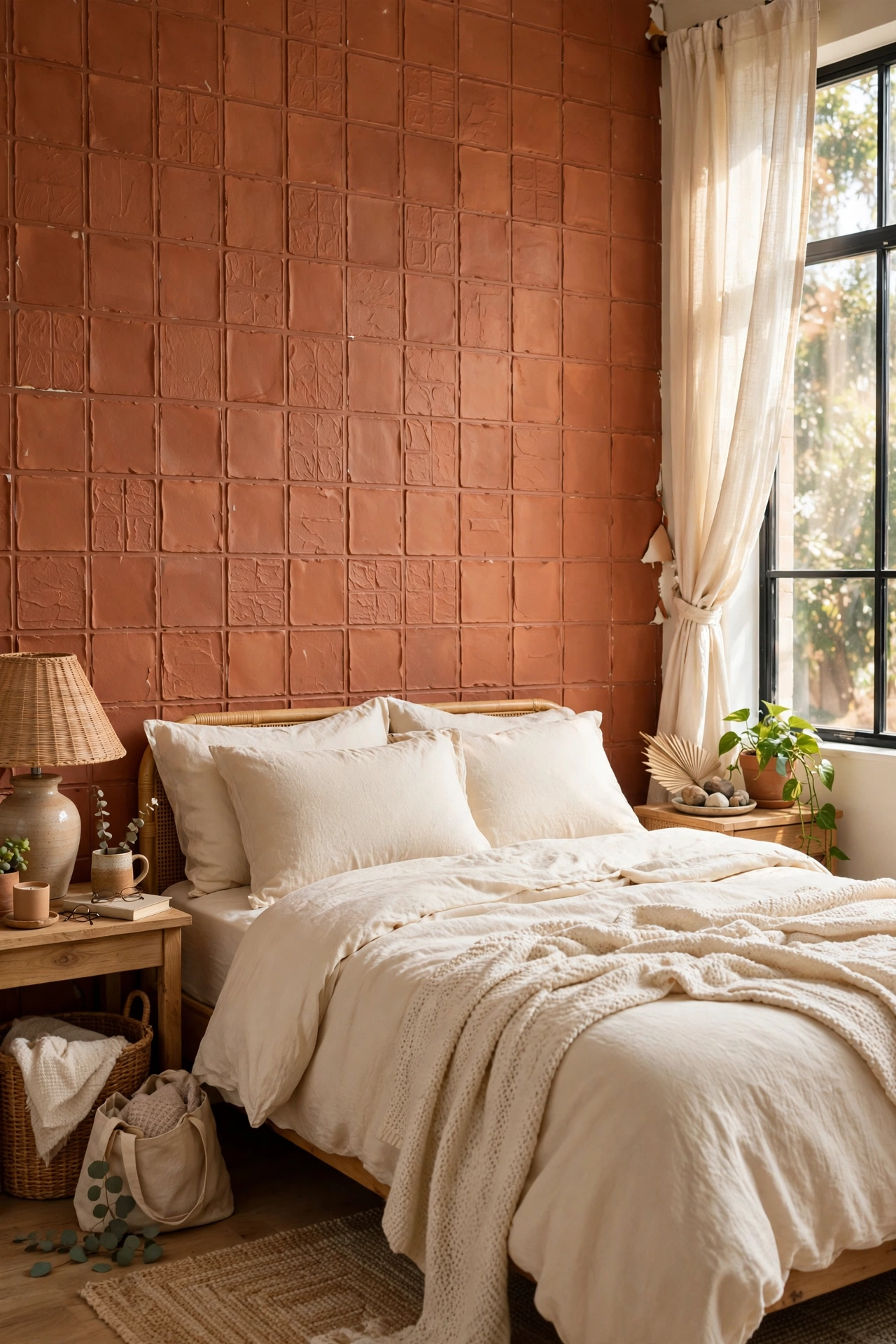 Bedroom wall behind a bed covered in peel-and-stick terracotta wallpaper