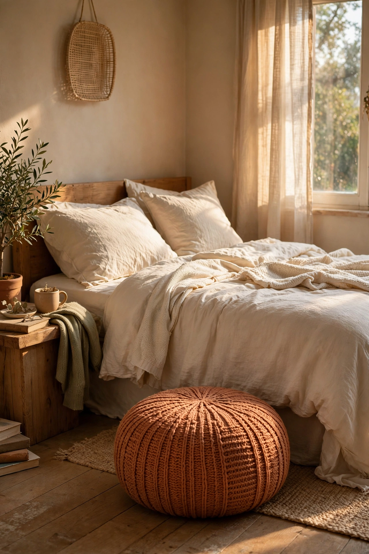 Round terracotta knit pouf at the foot of a bed