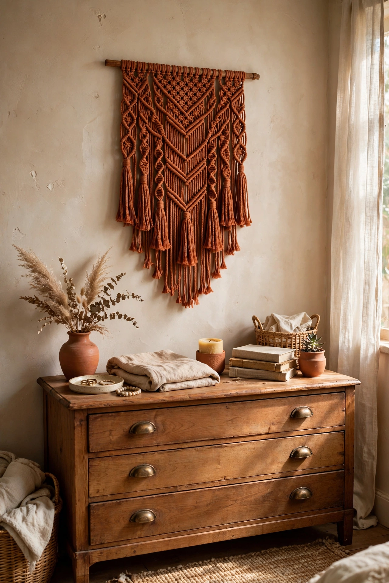 Terracotta macrame wall hanging above a bedroom dresser