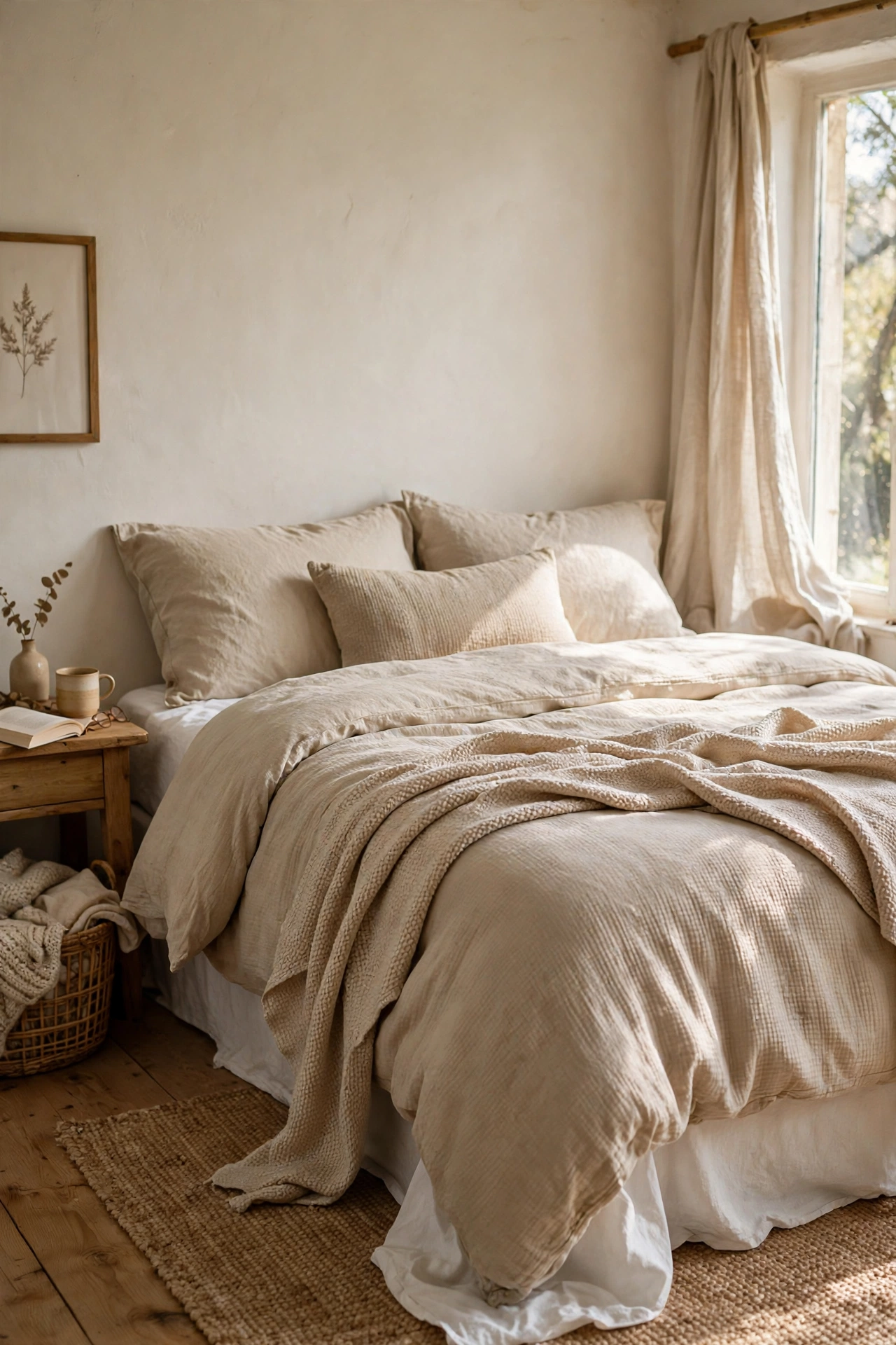 Bed layered with white sheets, oatmeal duvet, and a sand-coloured throw