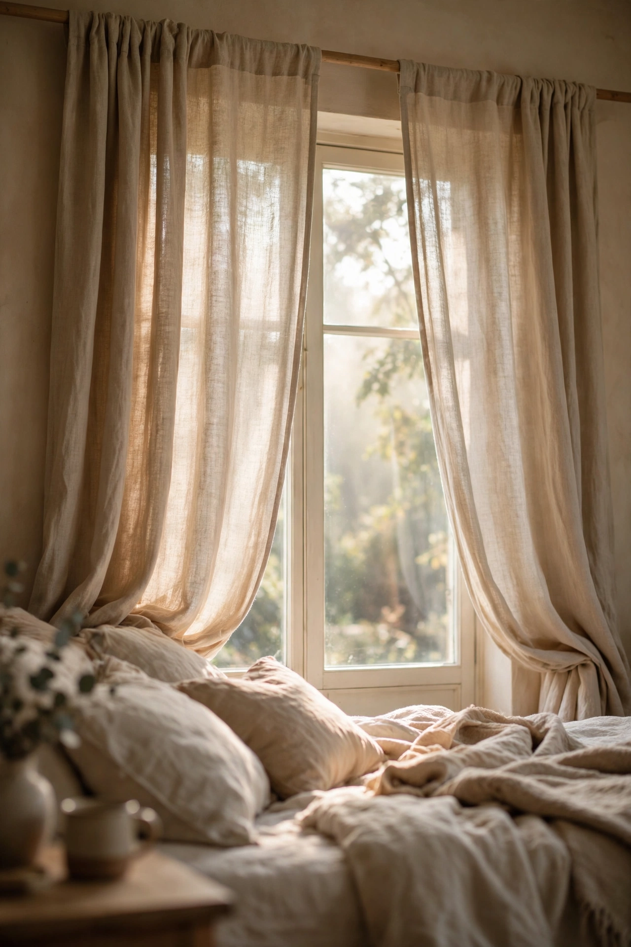 Beige linen curtain panels hung high and wide on a bedroom window