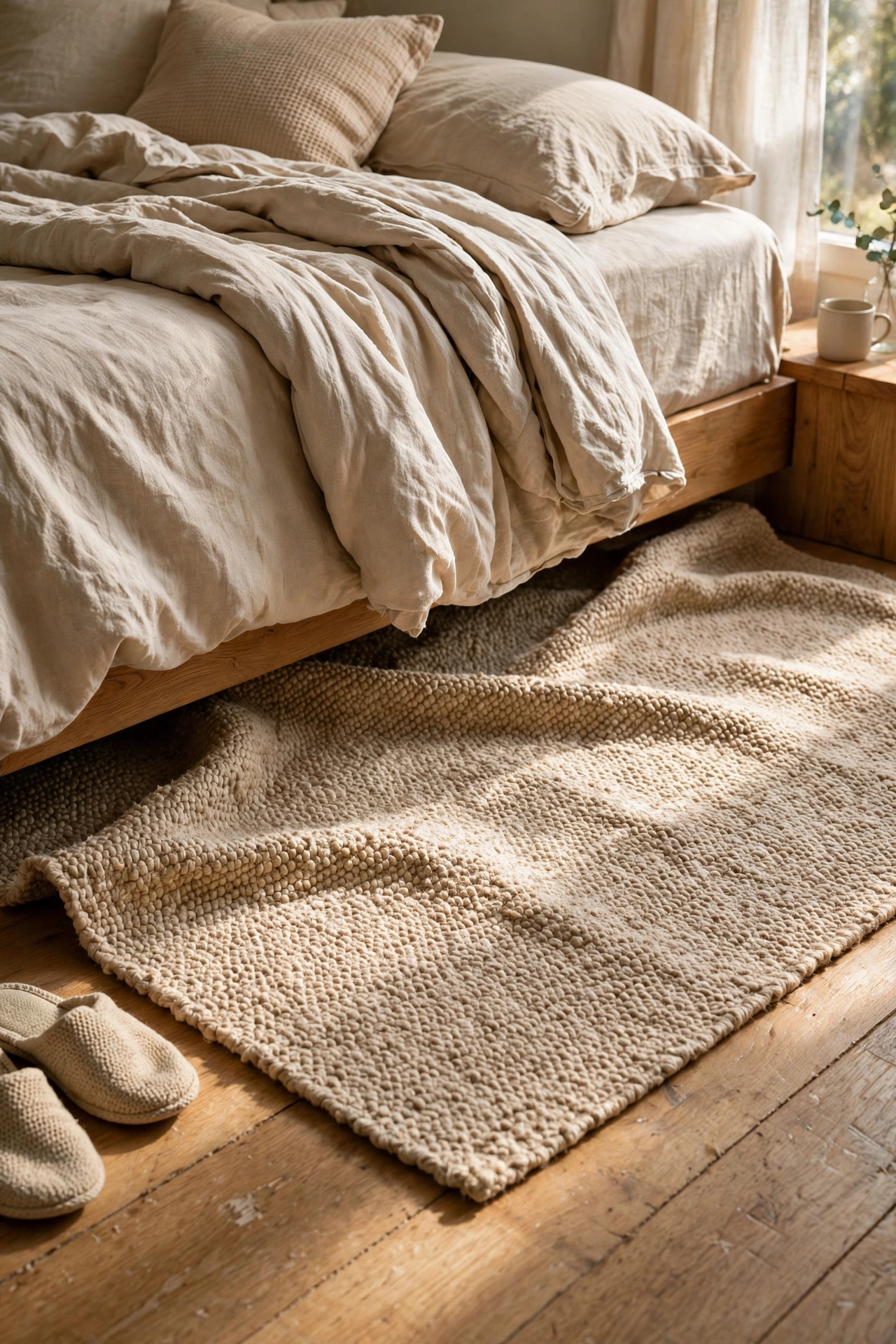 Beige textured rug partly under a bed in a neutral bedroom