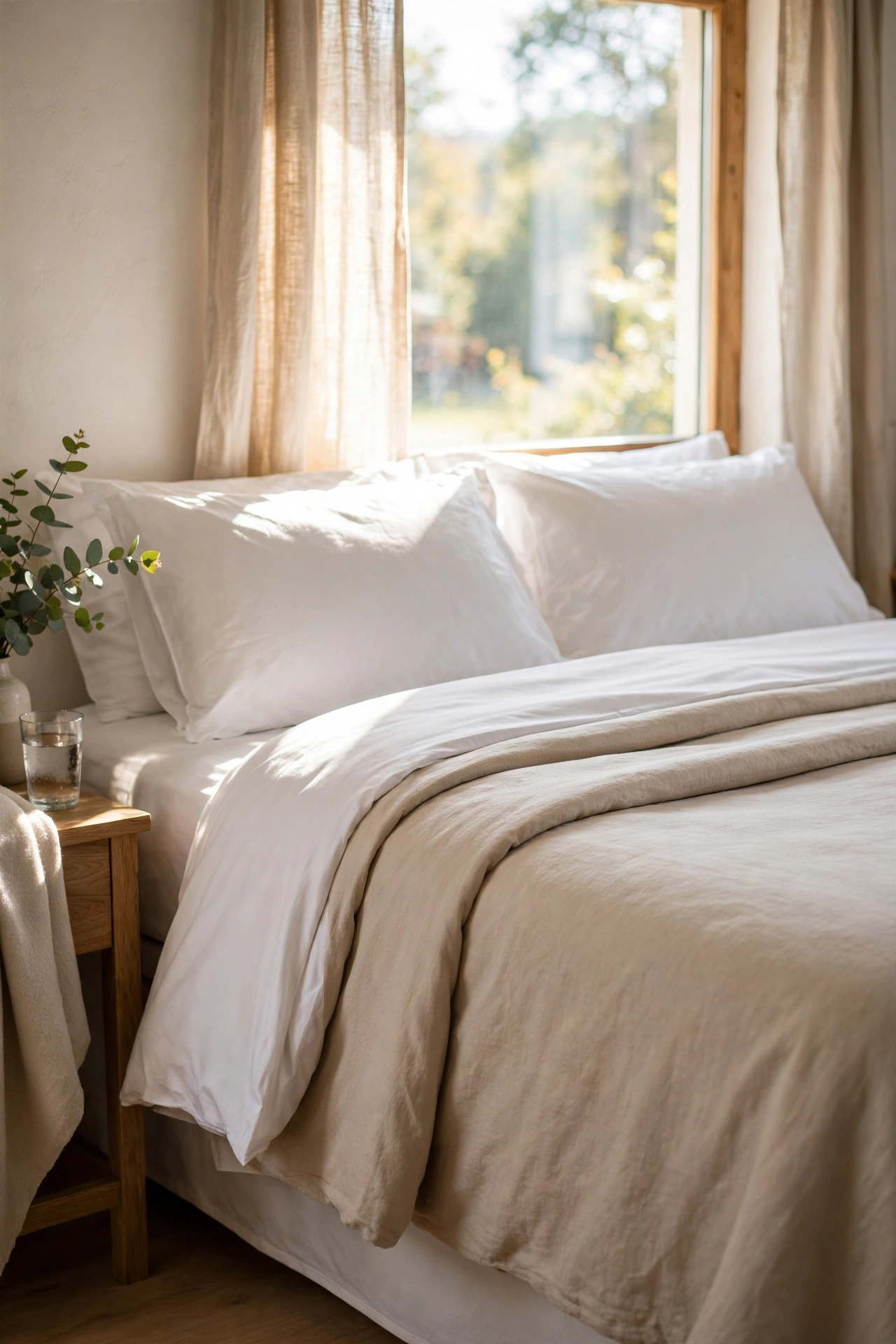 Bed with white sheets and pillowcases framed by a beige duvet cover