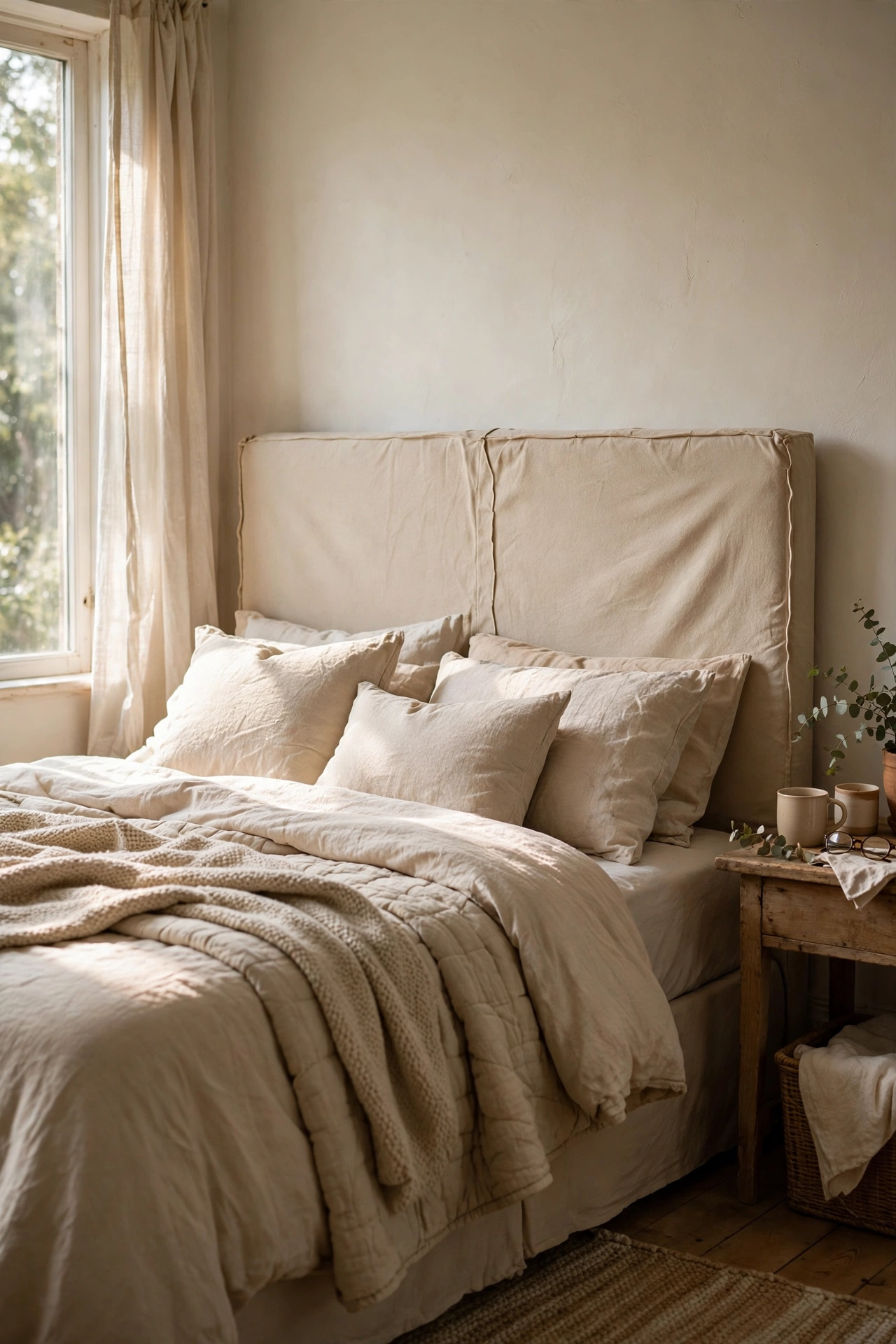 DIY beige upholstered headboard with a canvas slipcover behind a bed