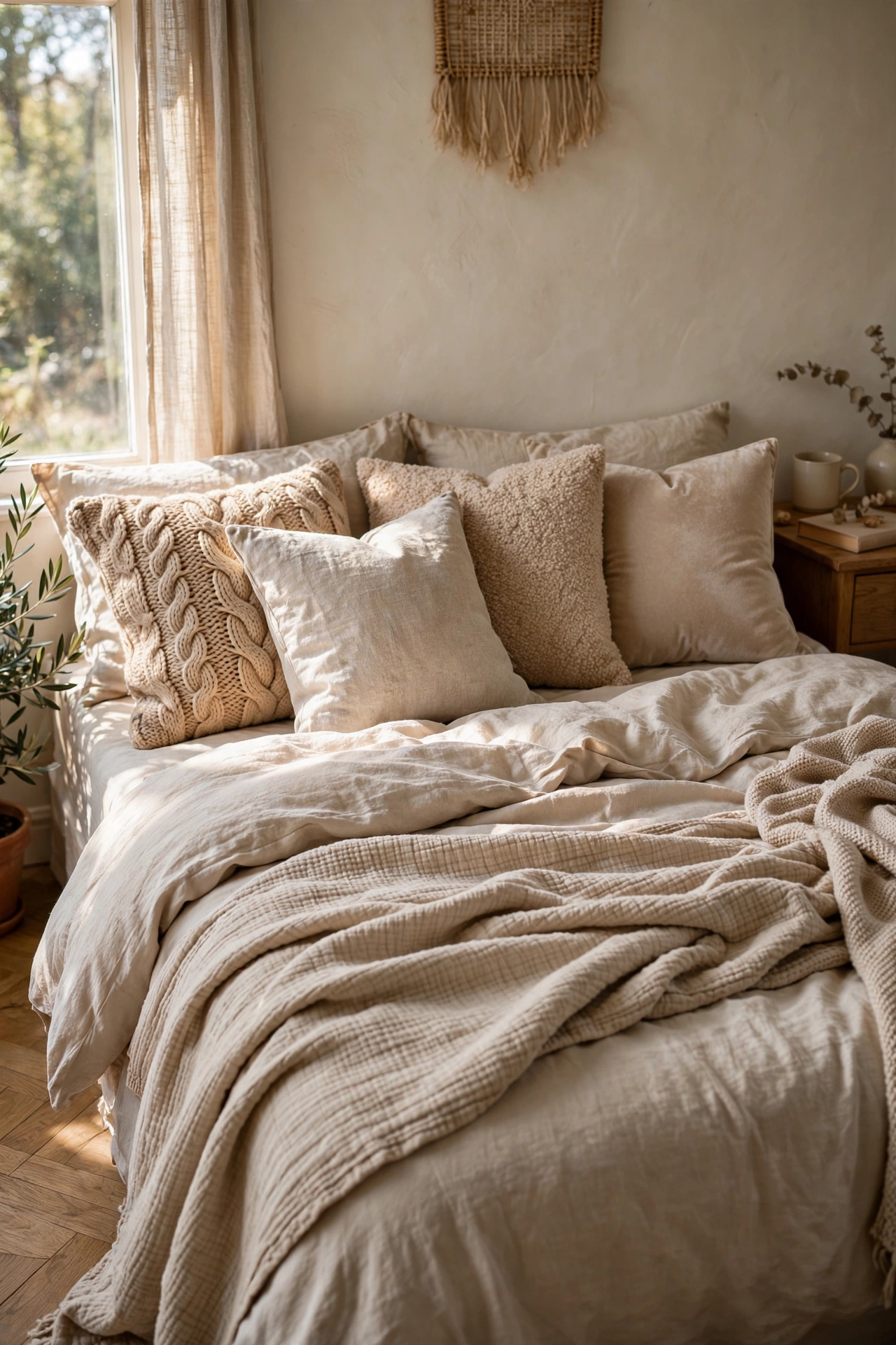 Beige pillows in four mixed textures arranged on a bed