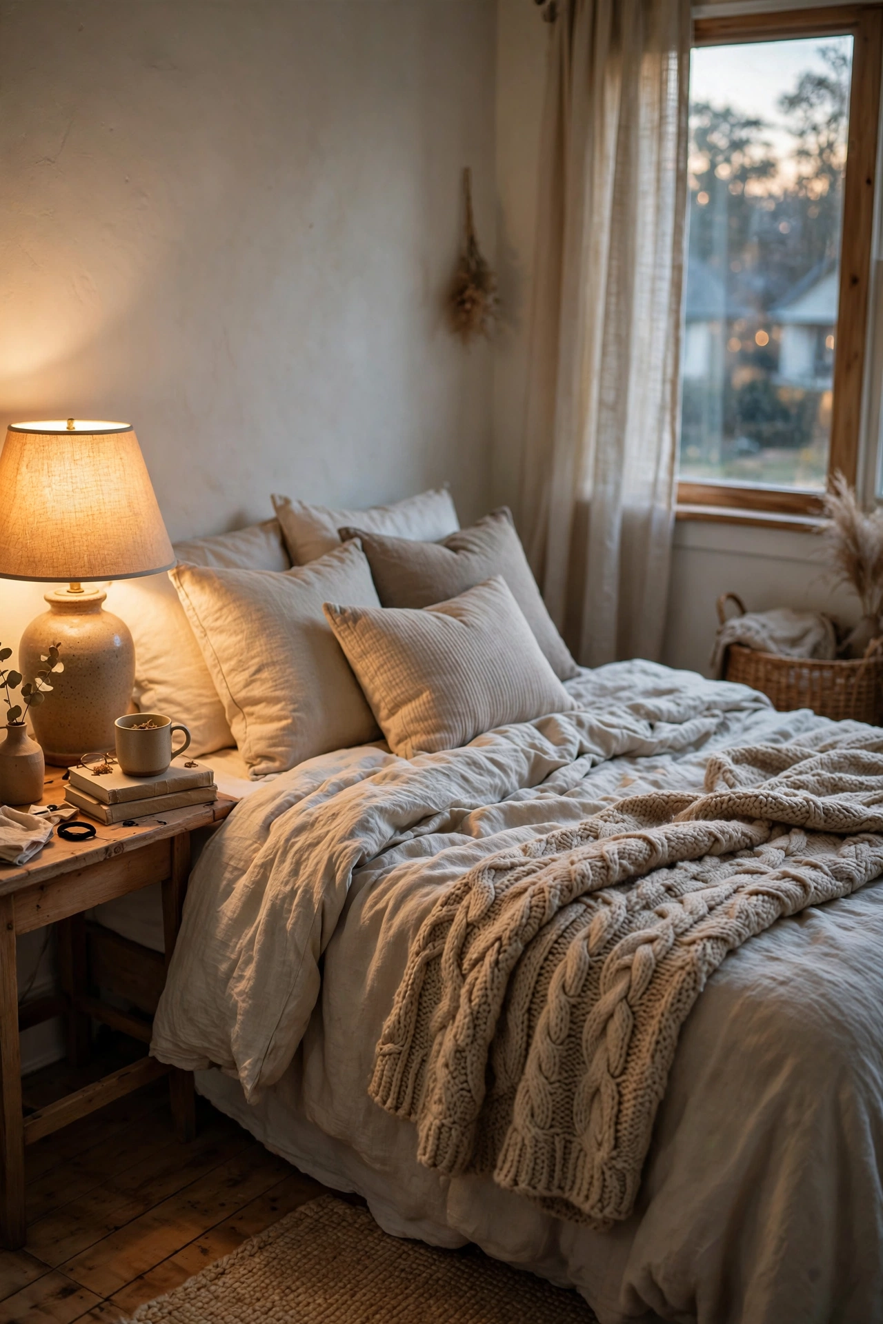 Beige chunky knit throw folded across the foot of a bed