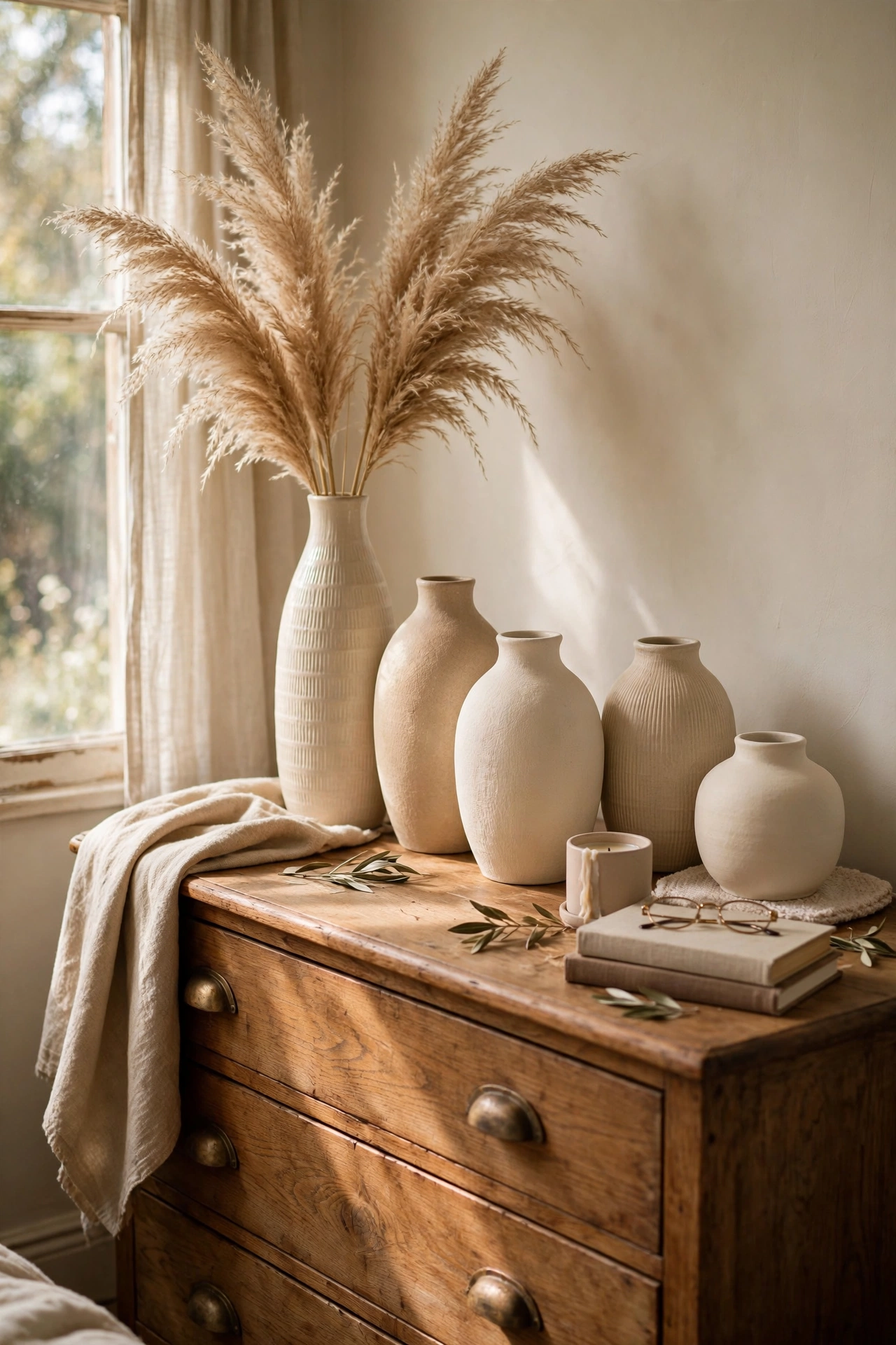 Collection of cream and beige ceramic vases in different shapes on a dresser