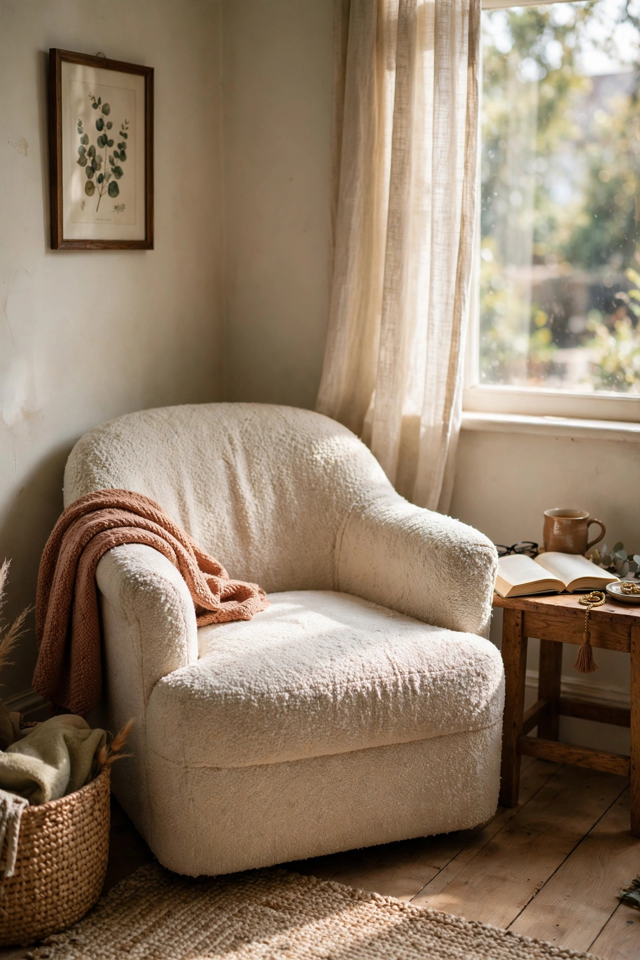 Thrifted boucle accent chair deep-cleaned in a beige bedroom corner