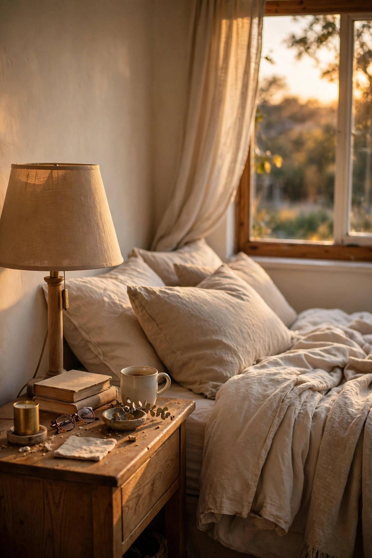 Bedroom lamp with a beige linen lampshade glowing softly