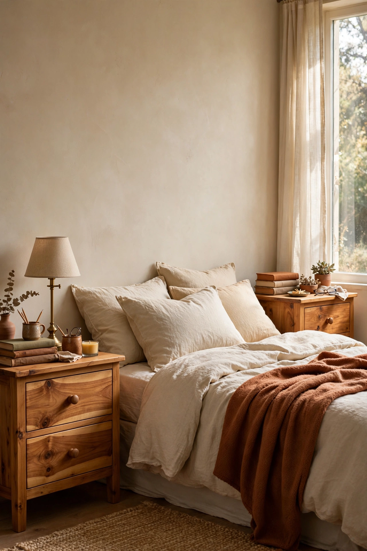 Warm wood nightstands with visible grain against beige bedroom walls