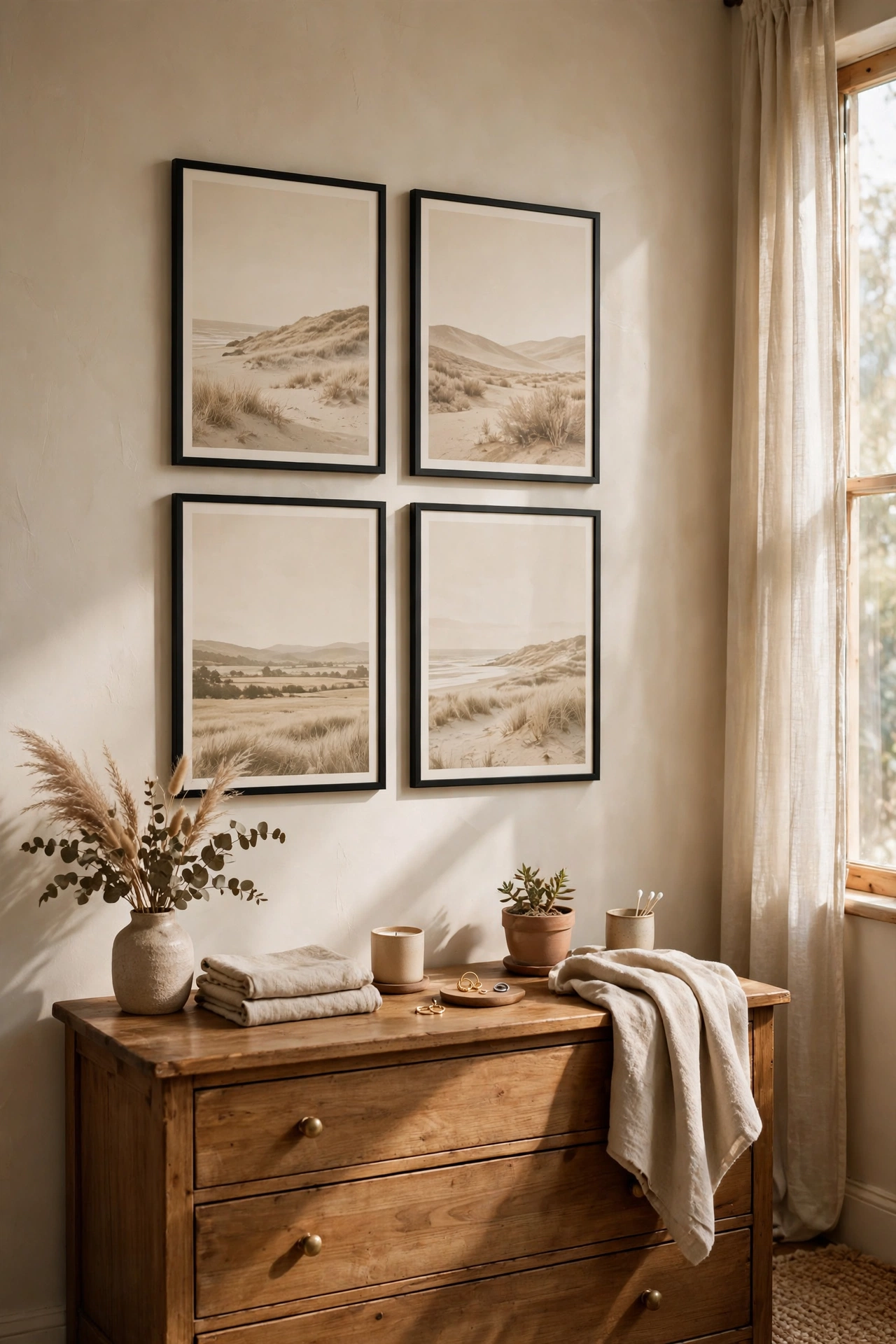 Four beige-toned art prints in thin black frames in a tight grid