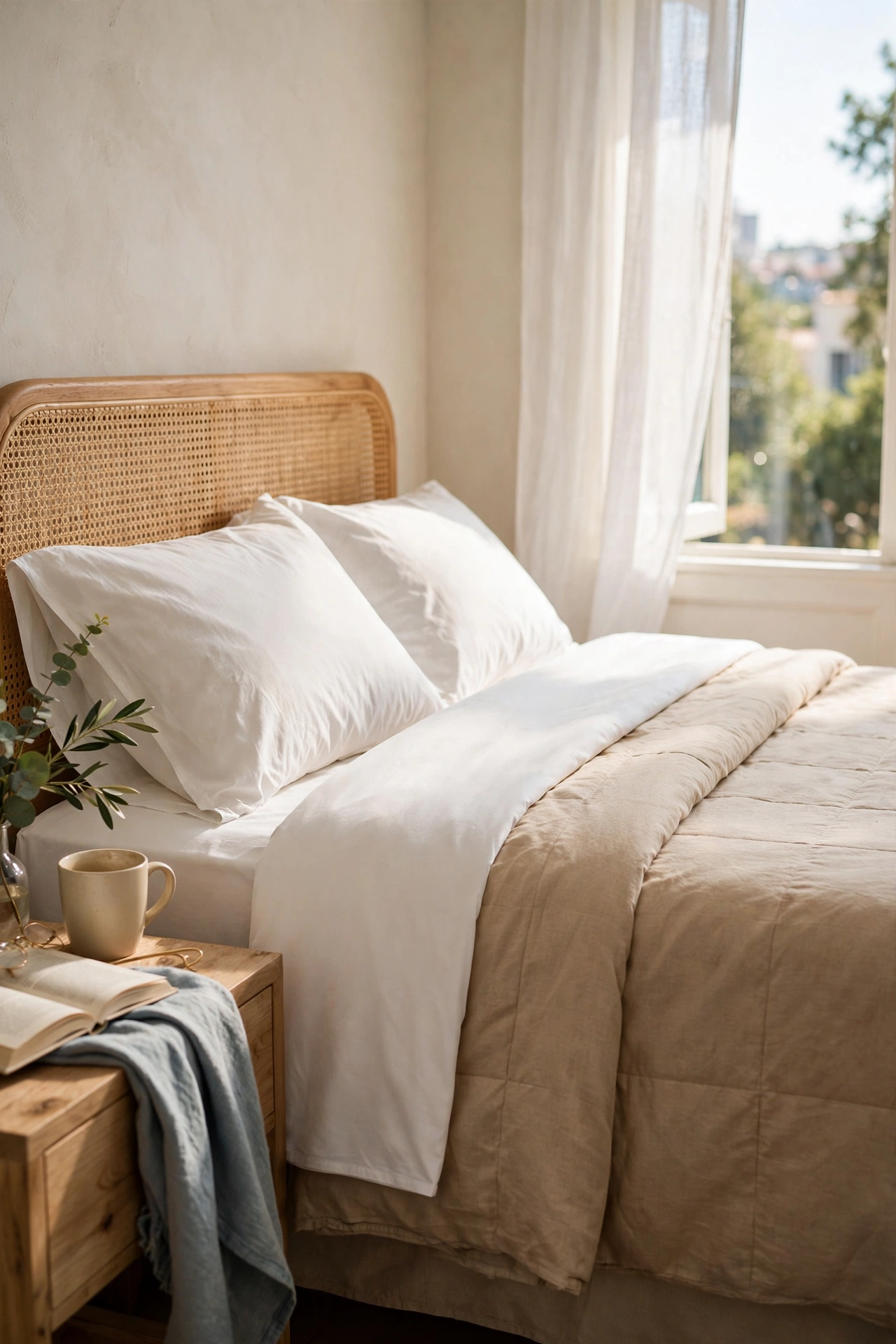 Bed with a beige duvet and white top sheet folded back in a crisp band