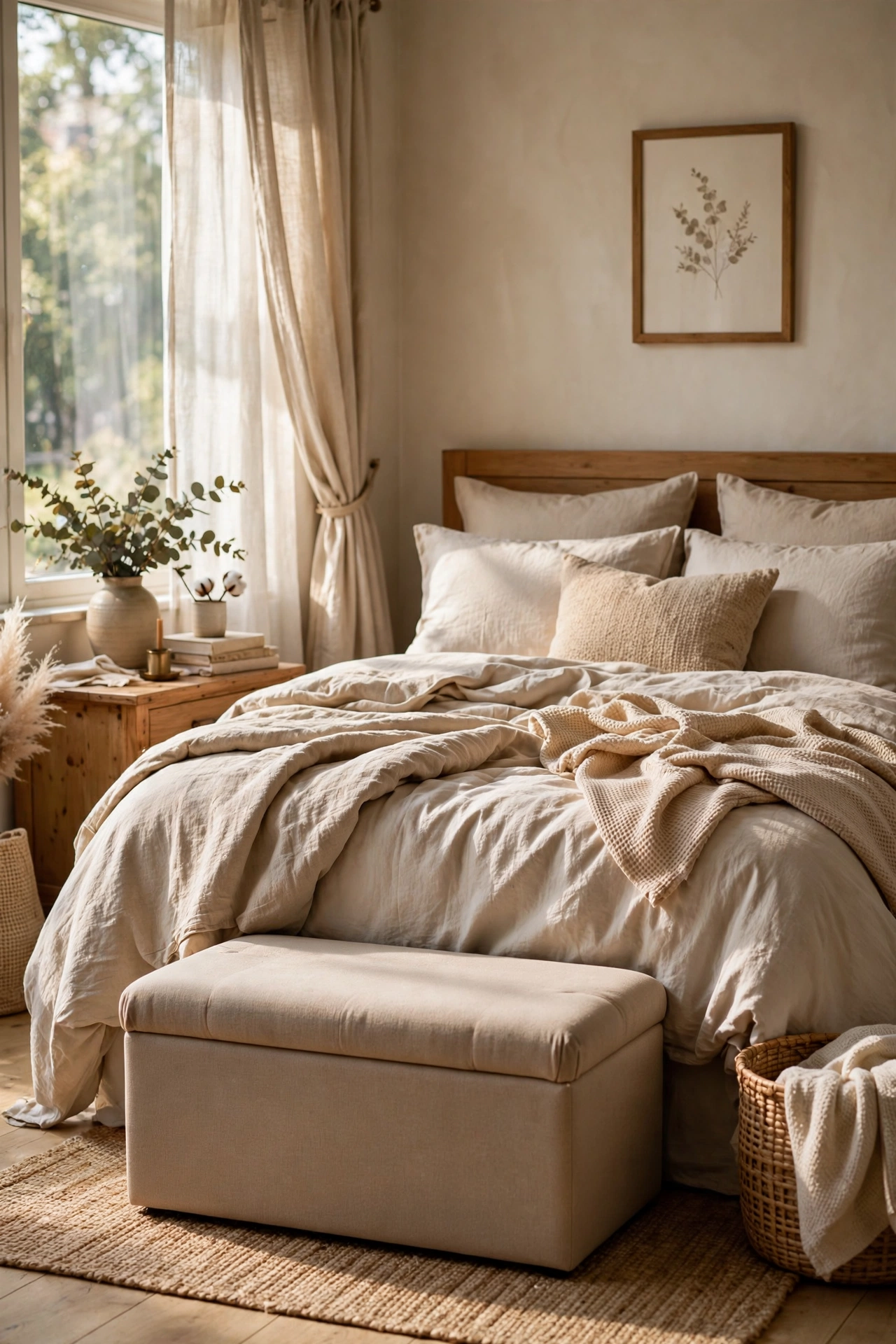 Beige upholstered storage ottoman at the foot of a bed