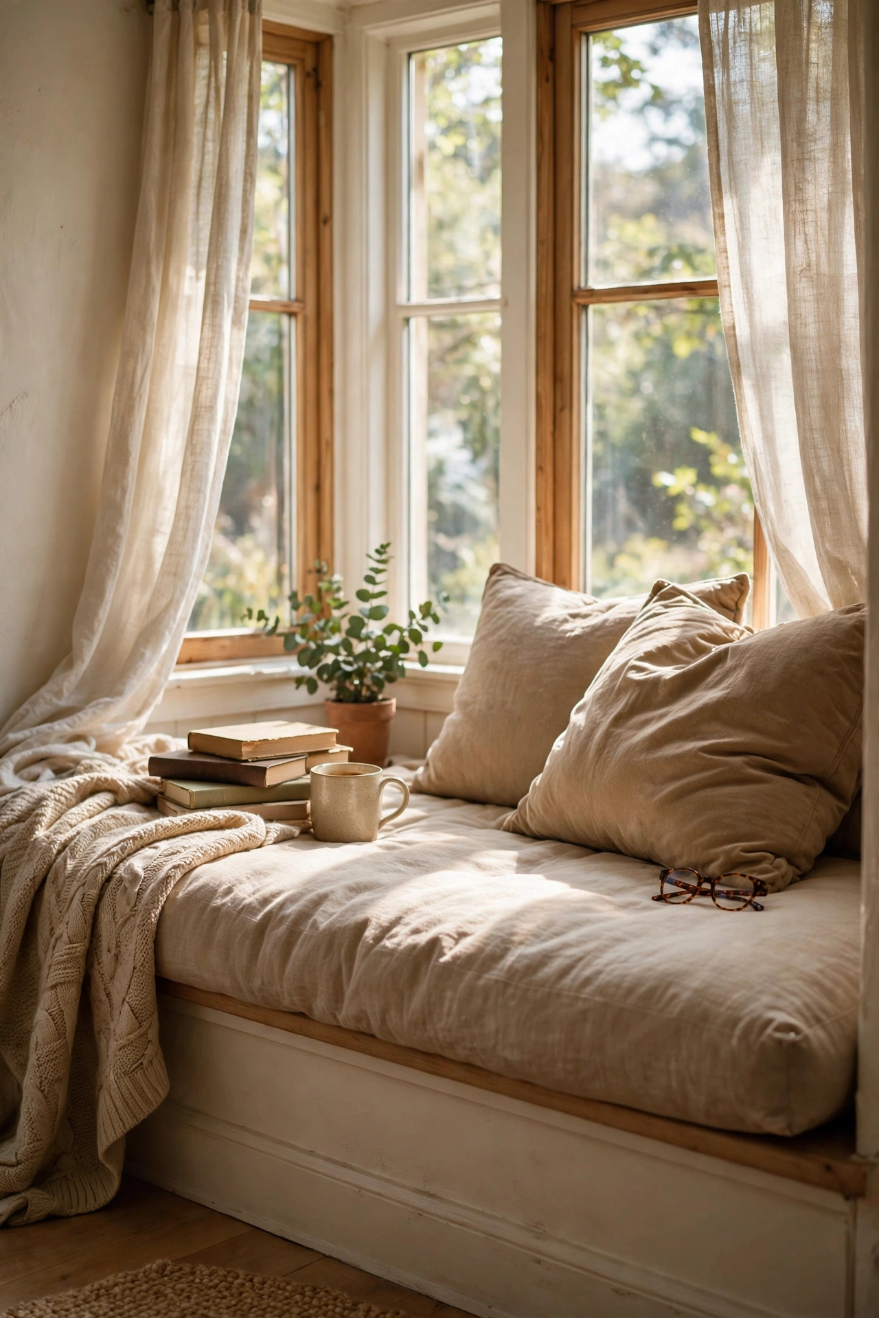 Beige cushion on a bedroom window seat with deeper beige pillows