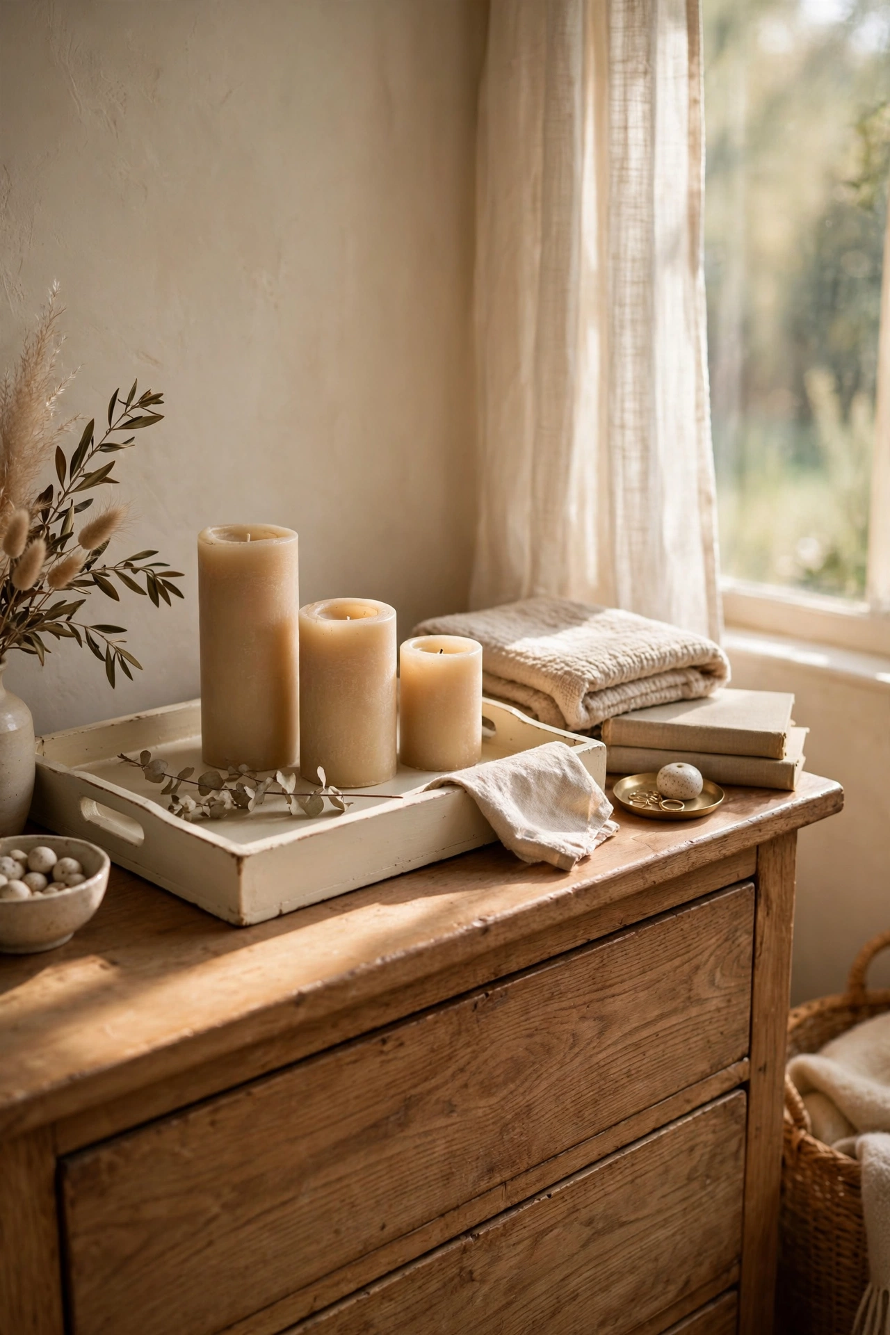 Cream painted tray with three beige pillar candles on a dresser