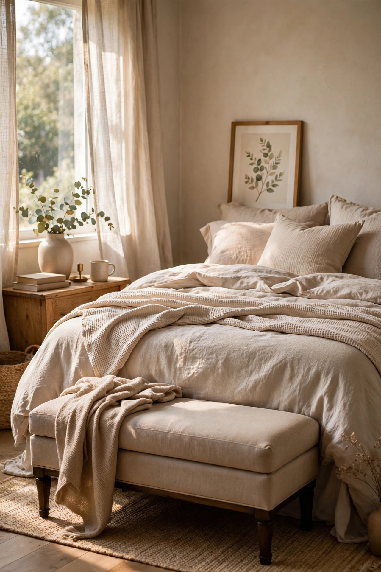 Beige upholstered bench with wooden legs at the foot of a bed