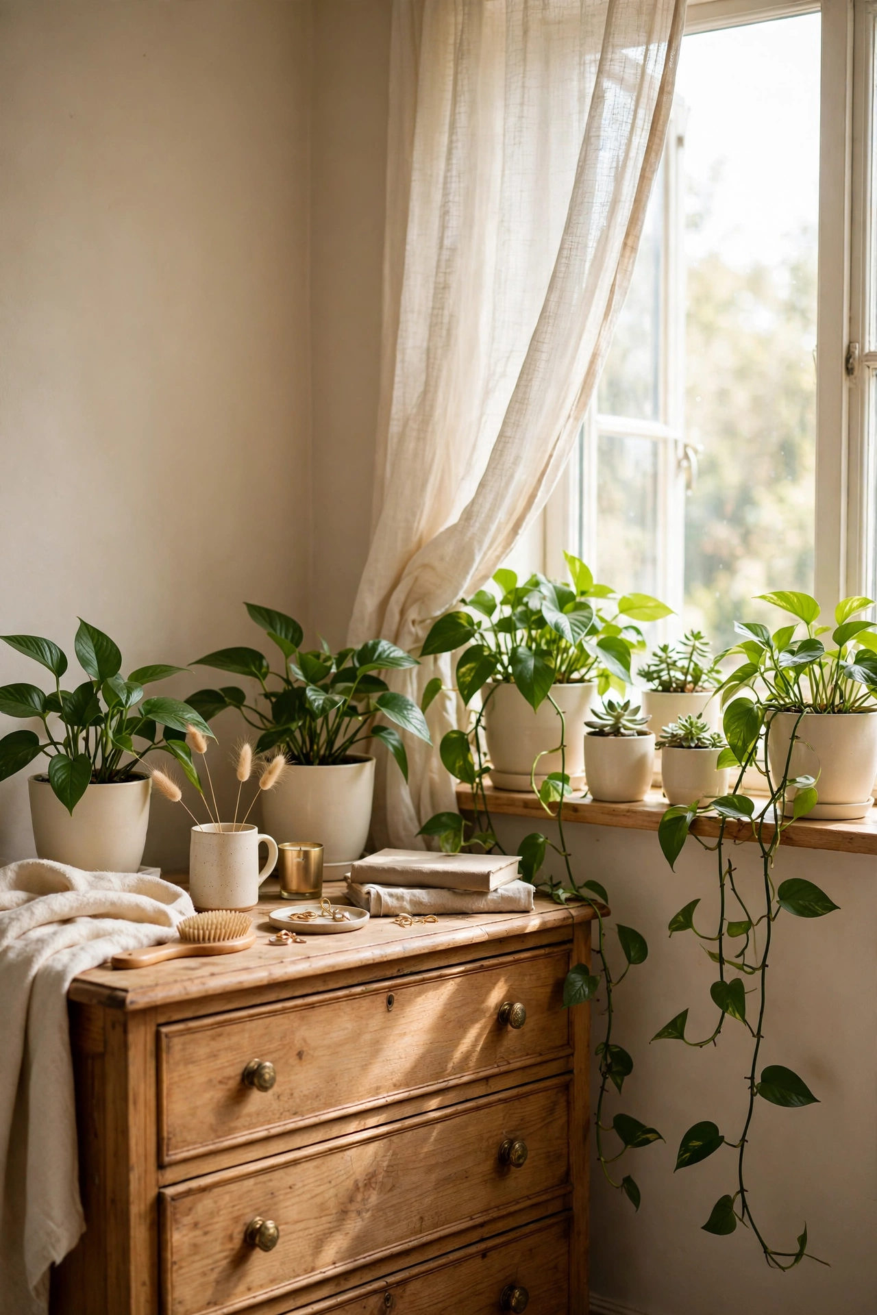 Green houseplants in cream pots against beige bedroom walls