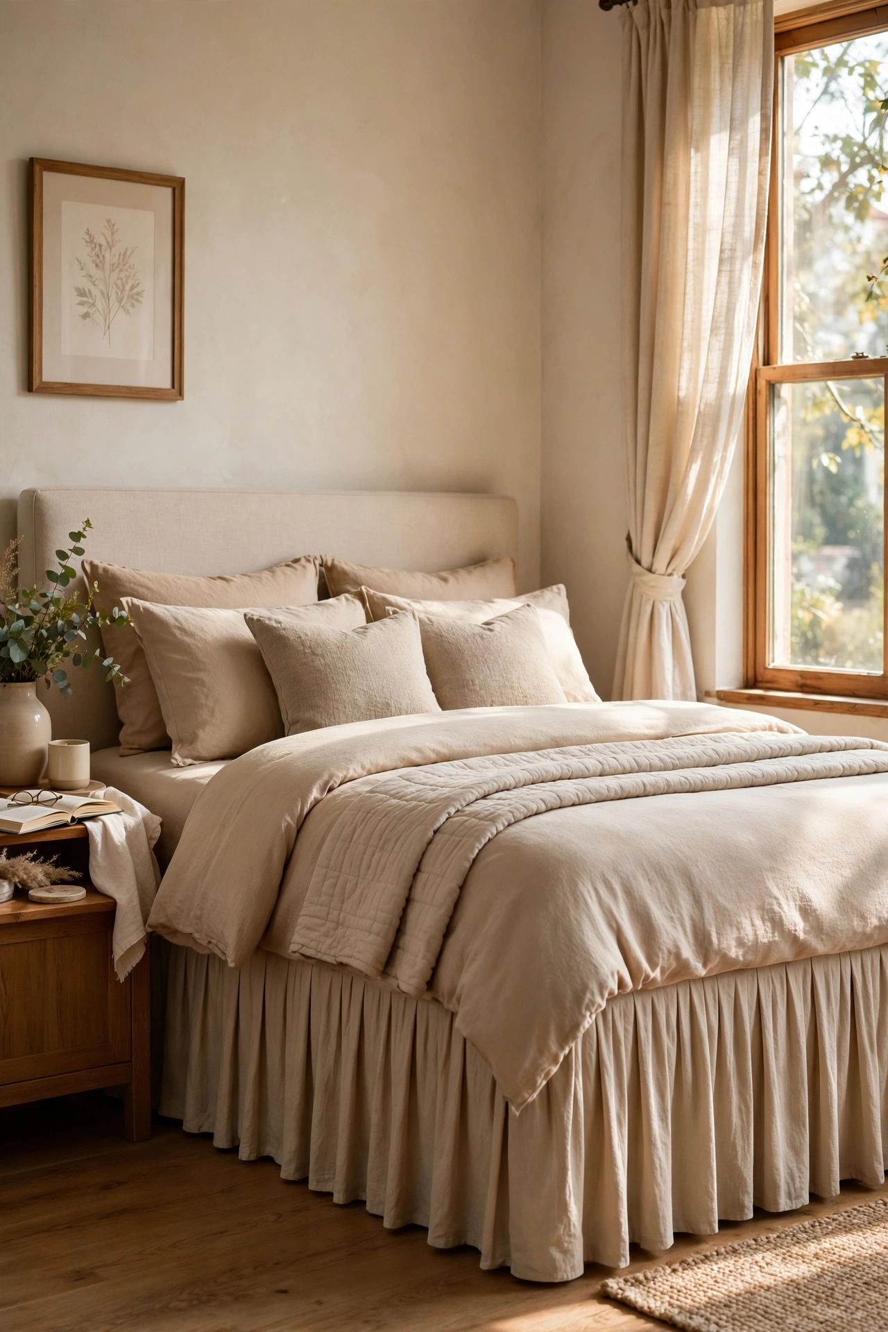 Bed with a beige pleated bed skirt hiding under-bed storage