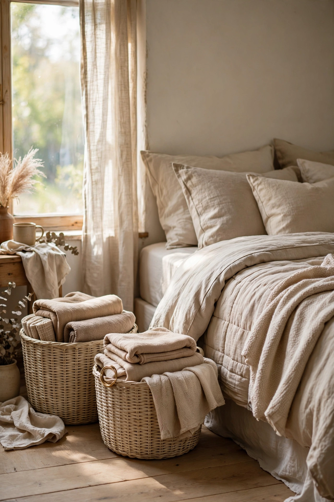 Two woven beige baskets with handles holding folded throw blankets