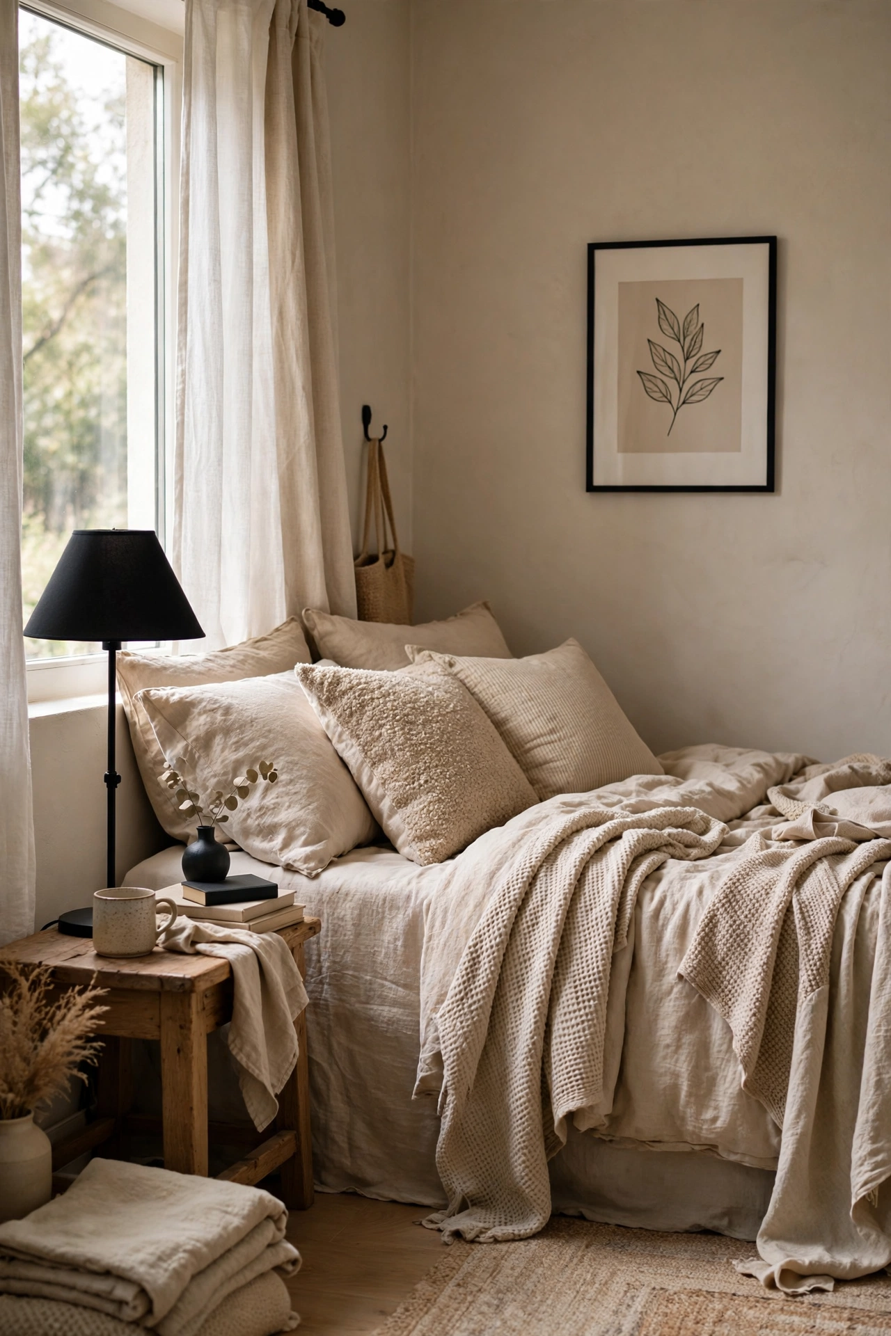 Beige bedroom with small black accents, a picture frame and lamp base