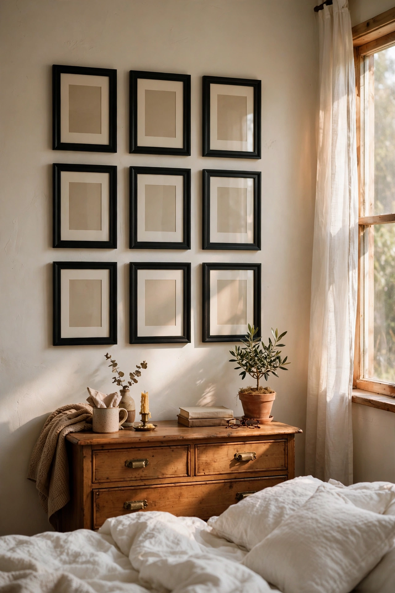Matching black dollar store frames in a grid gallery wall above a bedroom dresser