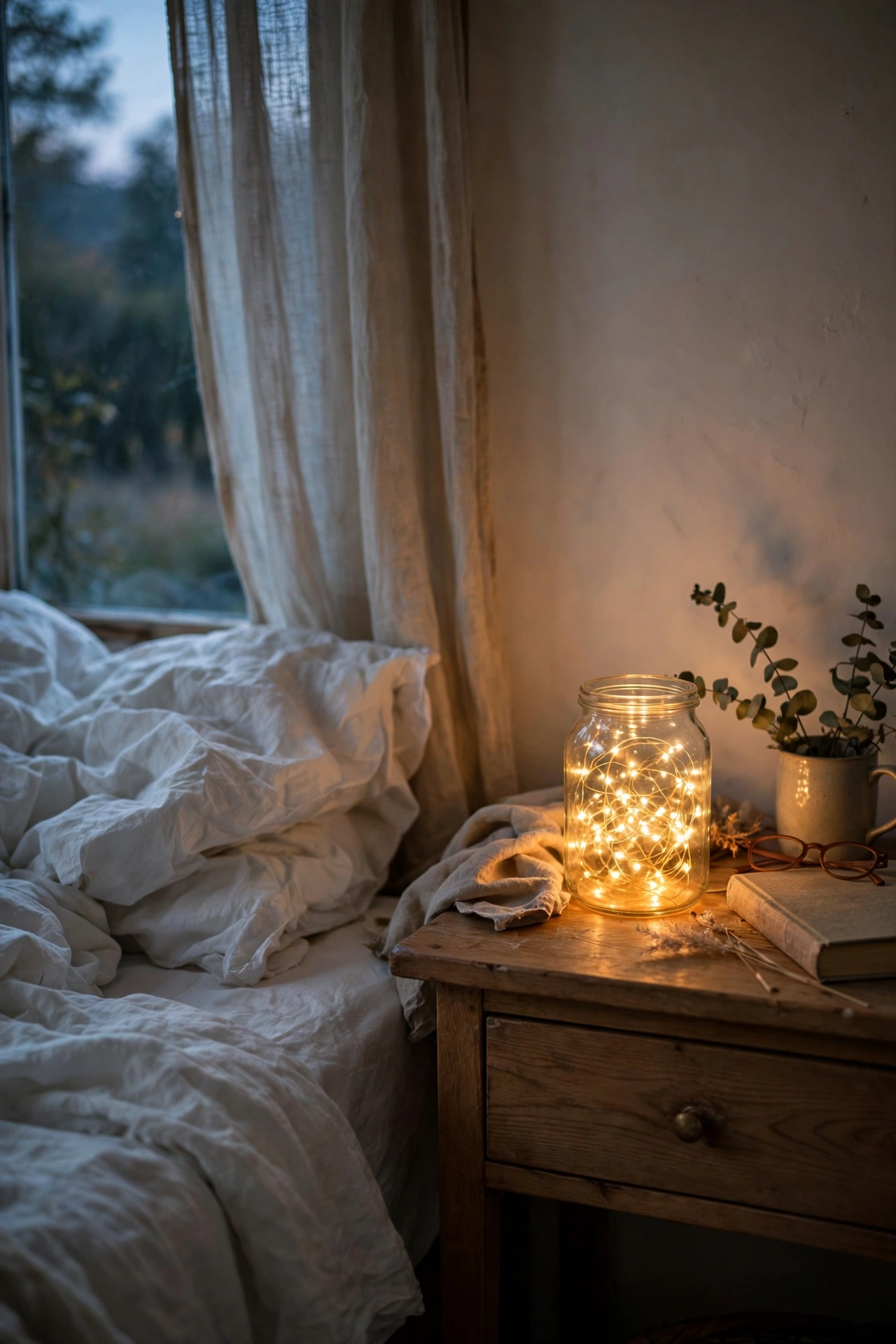 Glass jar filled with warm fairy lights glowing on a bedroom nightstand