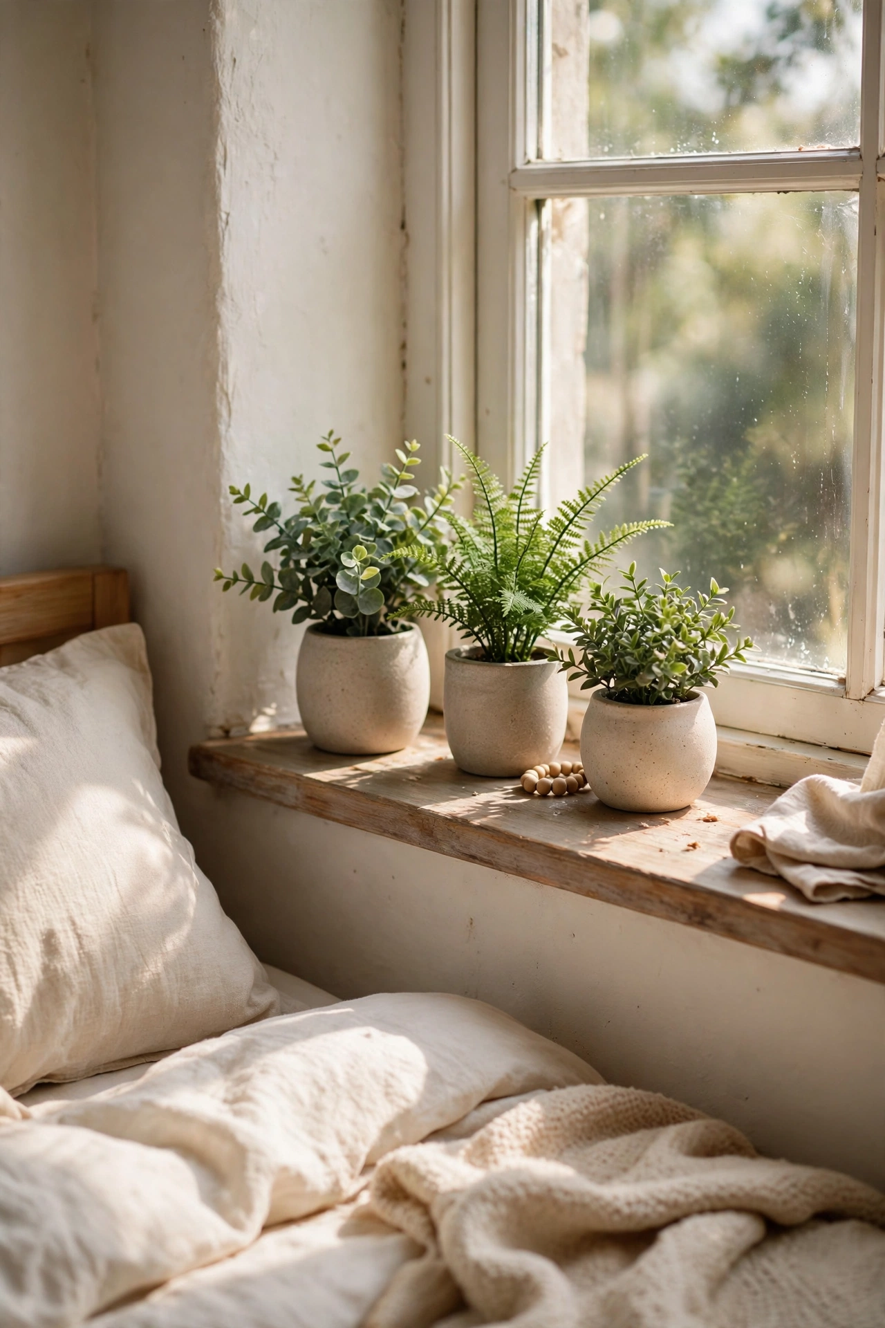 Faux green plants in dollar store ceramic-look pots on a bedroom windowsill
