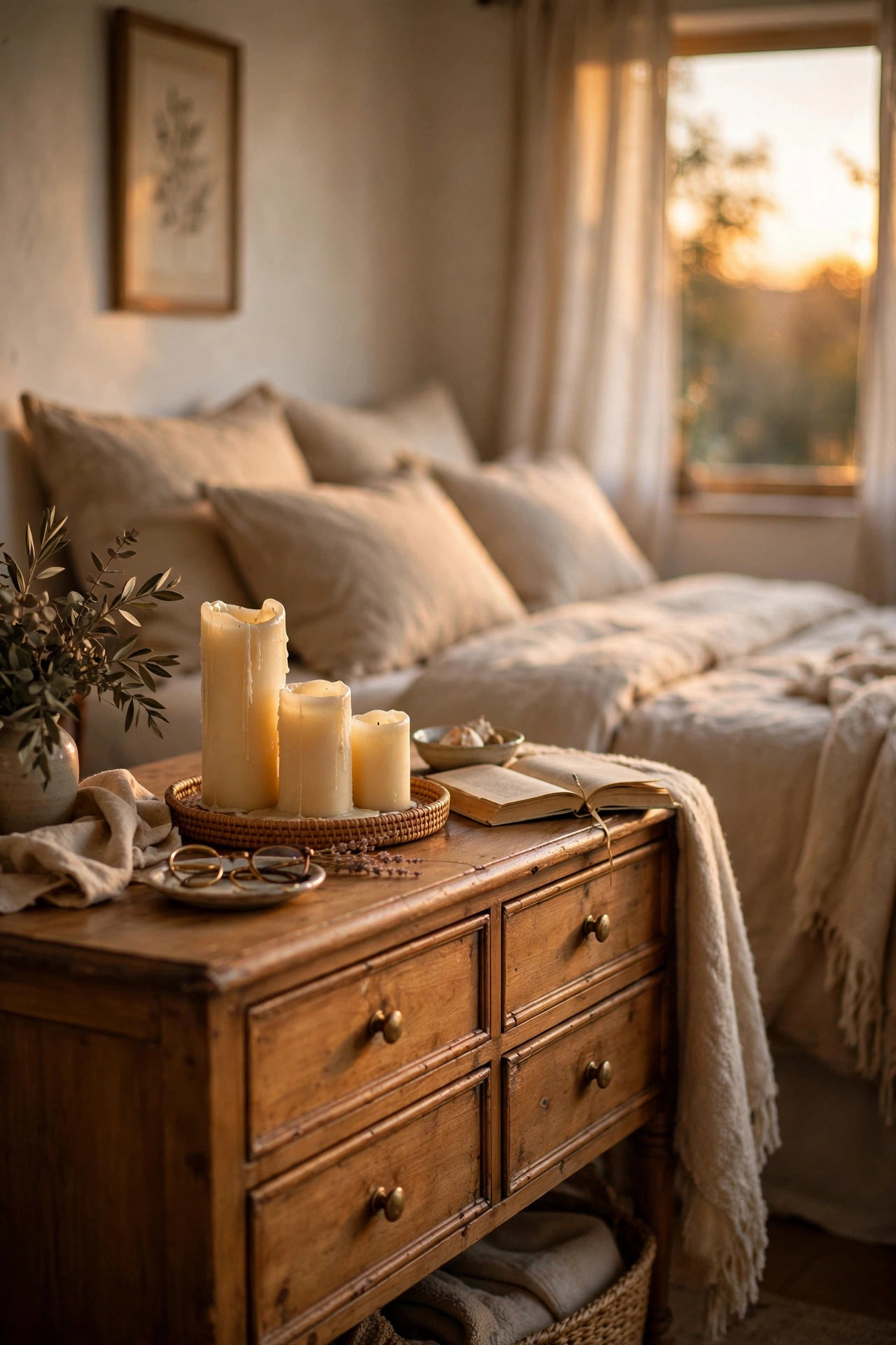 Three ivory candles at different heights grouped on a bedroom dresser