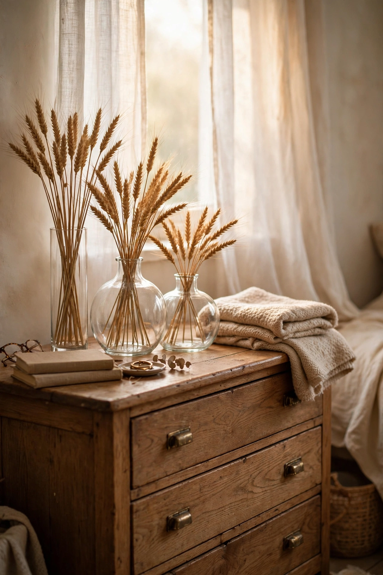 Three clear glass vases in different shapes with dried stems on a bedroom dresser