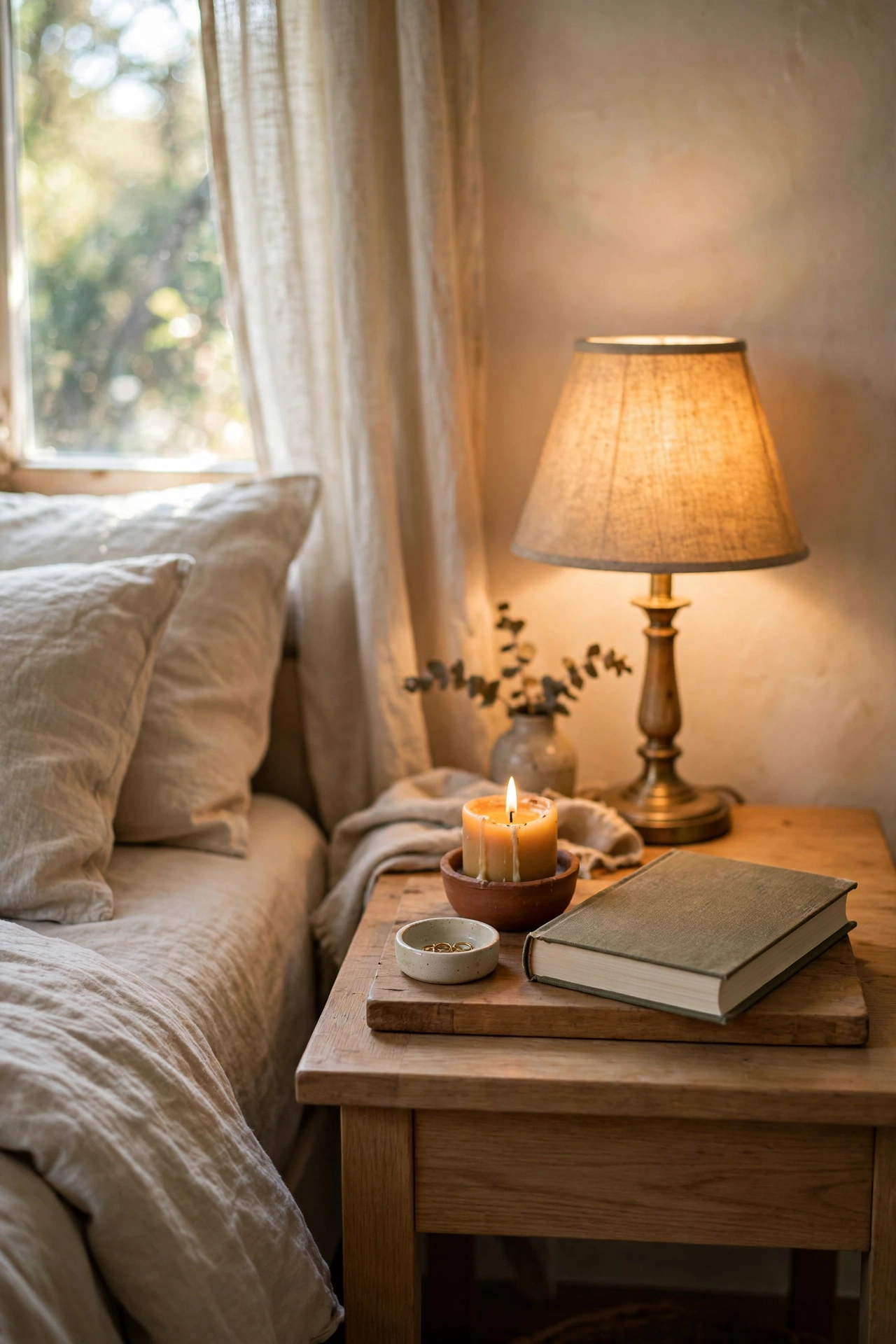 Wooden tray on a bedroom nightstand holding a lamp, candle and book