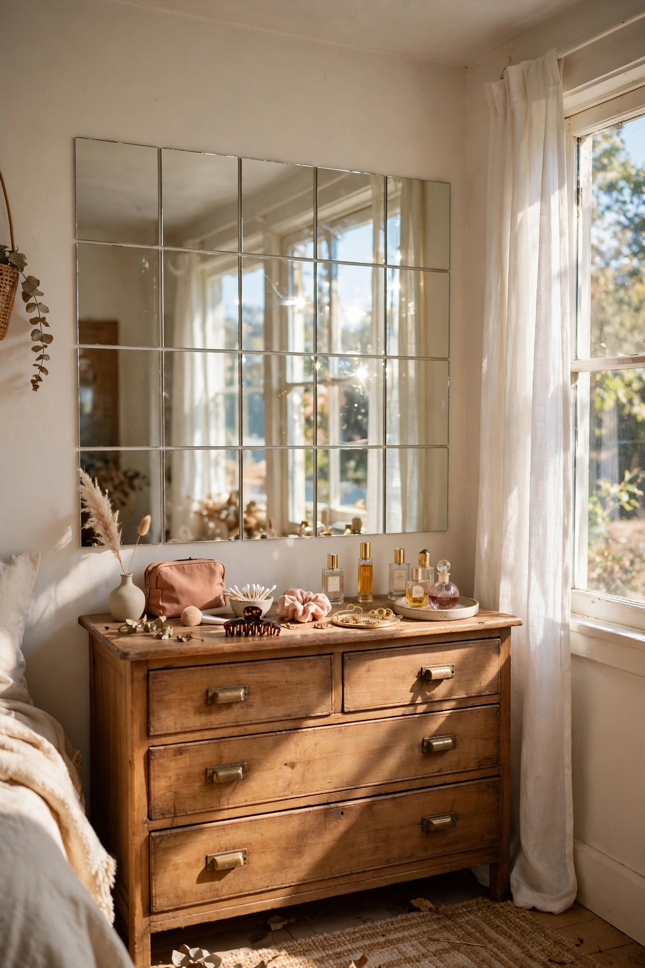 Peel-and-stick mirror tiles in a grid behind a bedroom dresser vanity