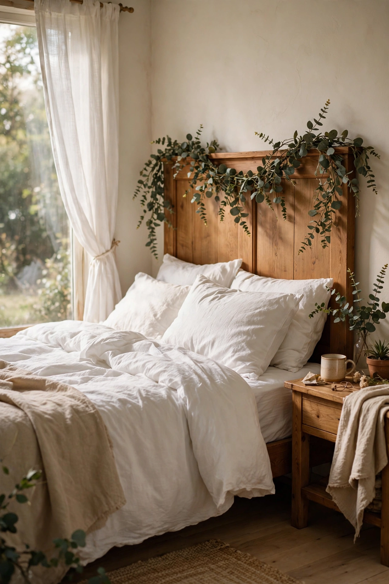 Faux eucalyptus garland draped over a bedroom headboard