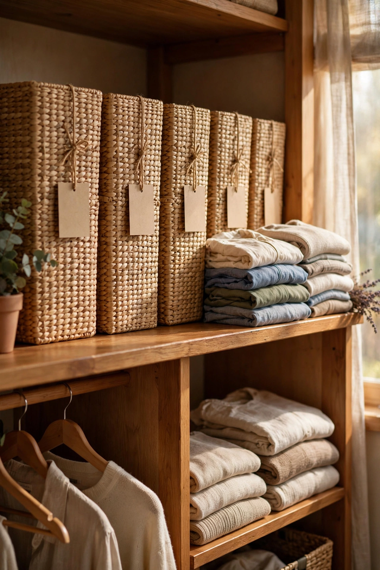 Matching woven-look baskets lined up on a bedroom closet shelf