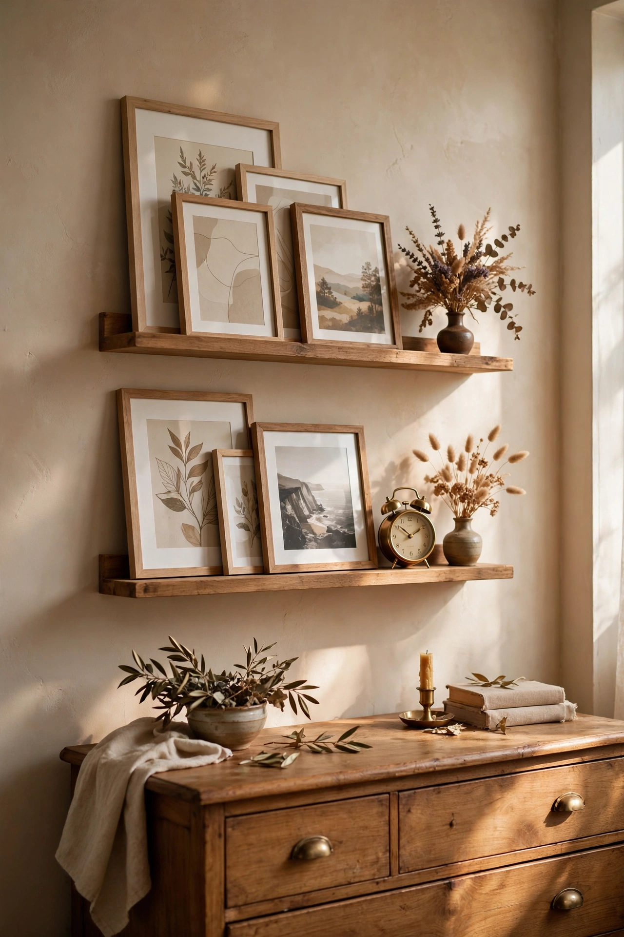 Picture ledge shelves with layered prints above a bedroom dresser