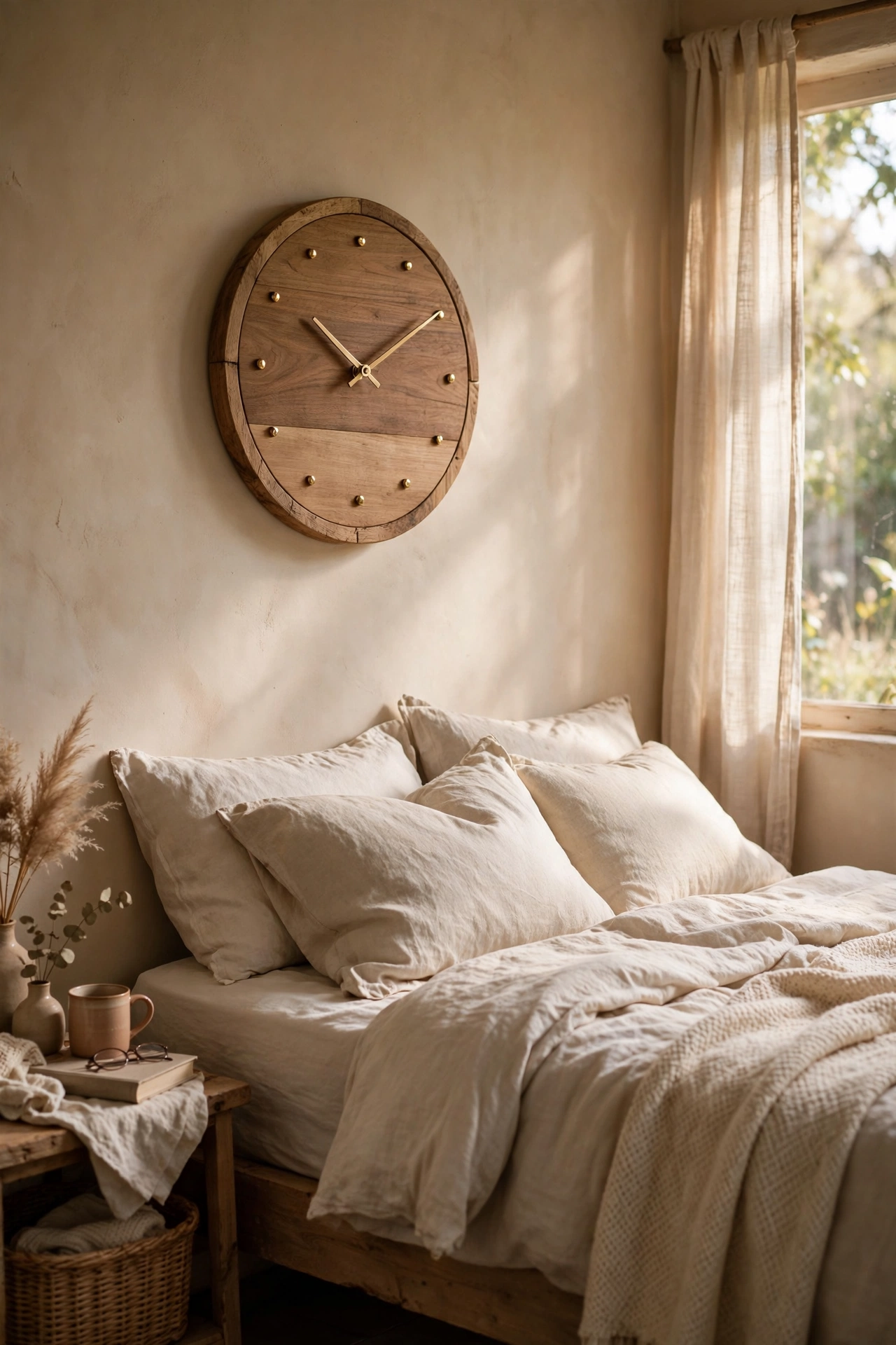Handmade wall clock with brass tacks as hour markers in a bedroom